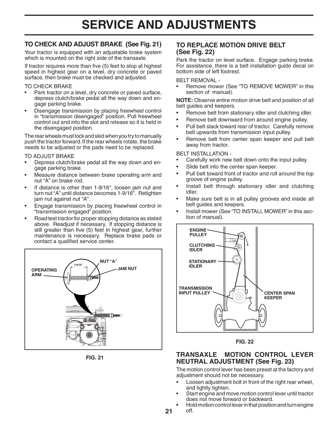 Poulan 405385 To Check and Adjust Brake See Fig, To Replace Motion Drive Belt See Fig, To Check Brake, To Adjust Brake 