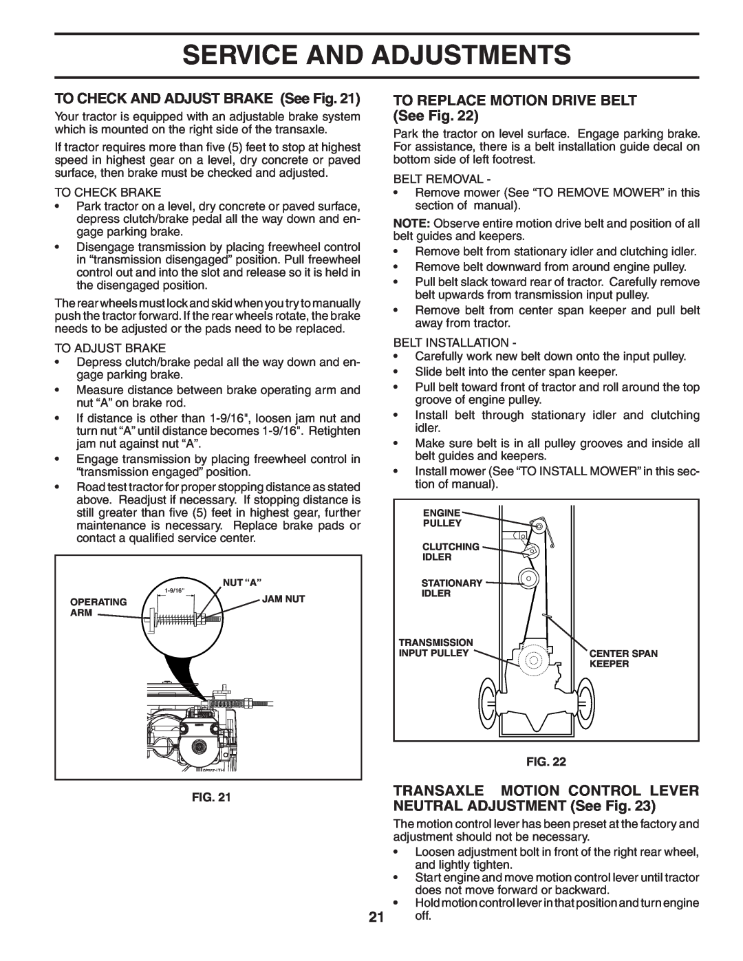 Poulan 405385 TO CHECK AND ADJUST BRAKE See Fig, TO REPLACE MOTION DRIVE BELT See Fig, Service And Adjustments, Nut “A” 