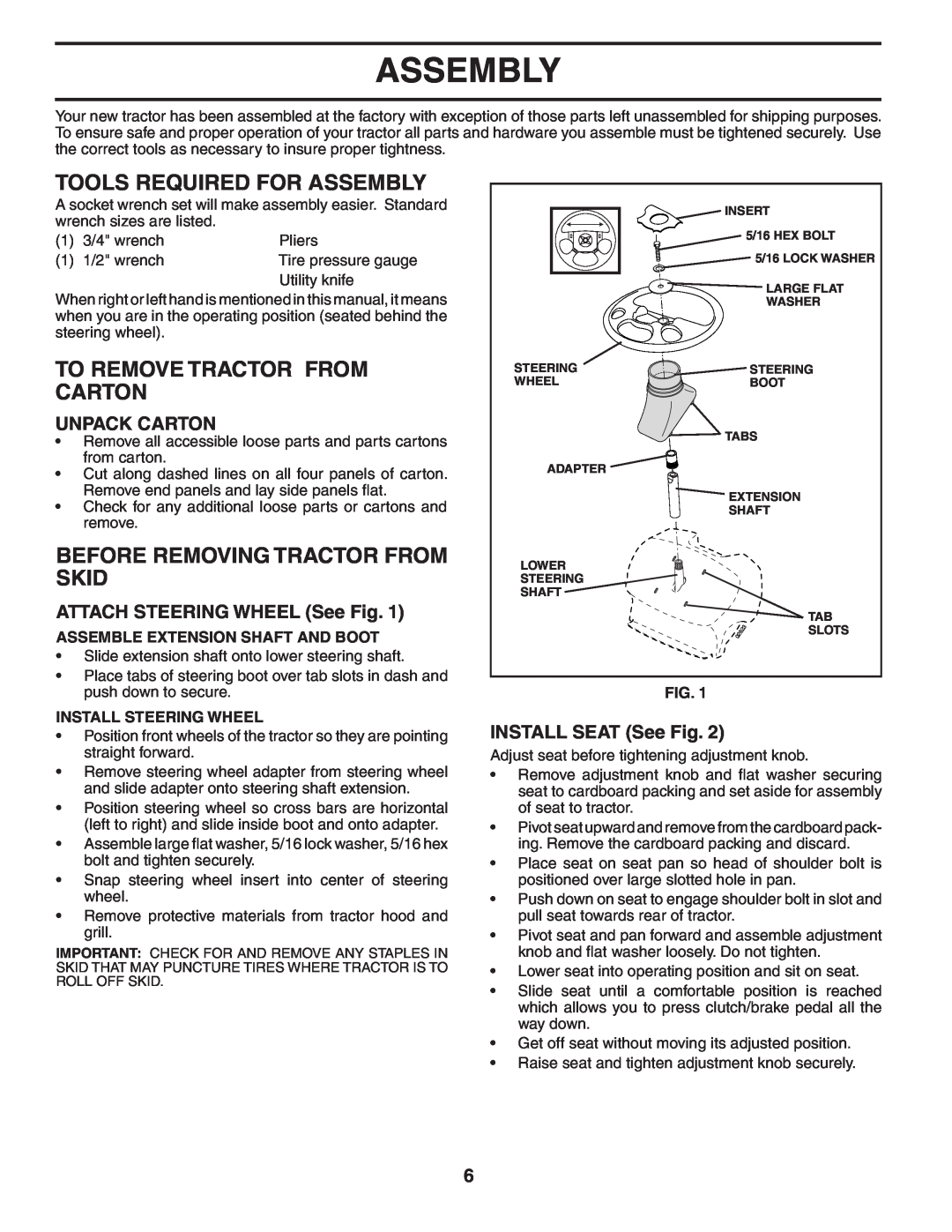 Poulan 405385 manual Tools Required For Assembly, To Remove Tractor From Carton, Before Removing Tractor From Skid 