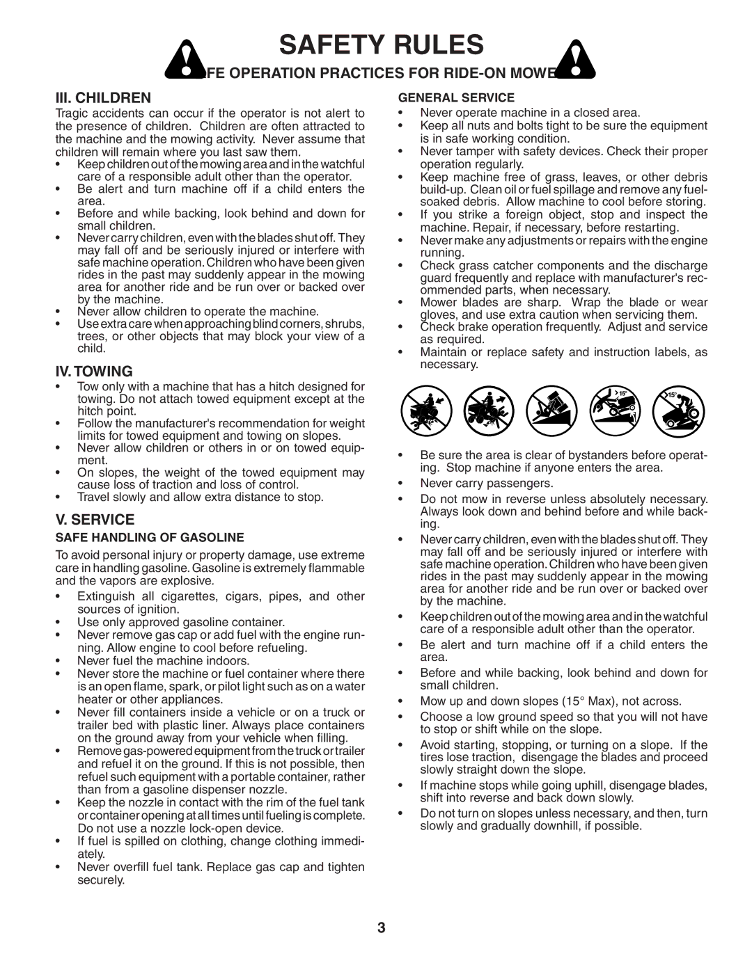 Poulan PBGTE, 406255 manual Safe Operation Practices for RIDE-ON Mowers III. Children, IV. Towing, Service 