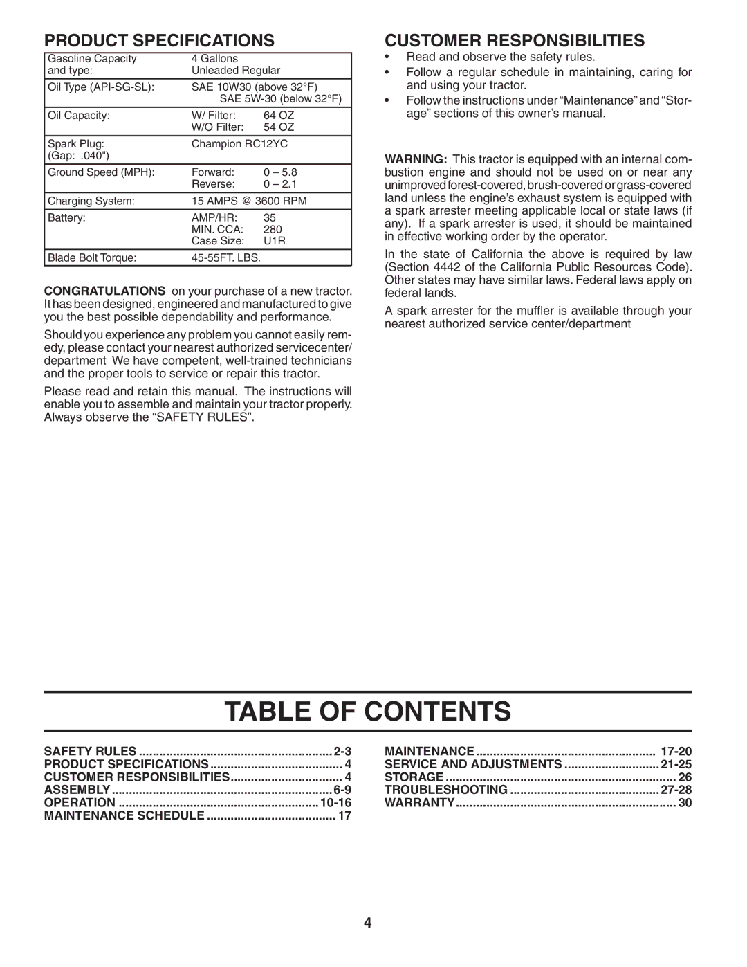 Poulan 406255, PBGTE manual Table of Contents 