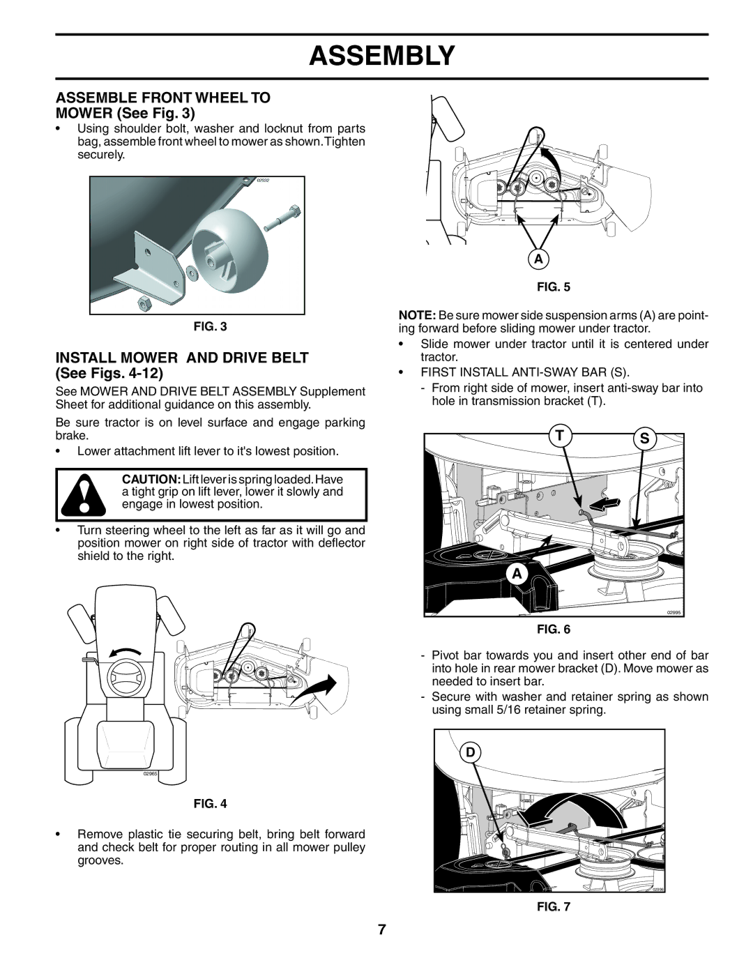 Poulan PBGTE Assemble Front Wheel to, Mower See Fig, Install Mower and Drive Belt See Figs, First Install ANTI-SWAY BAR S 