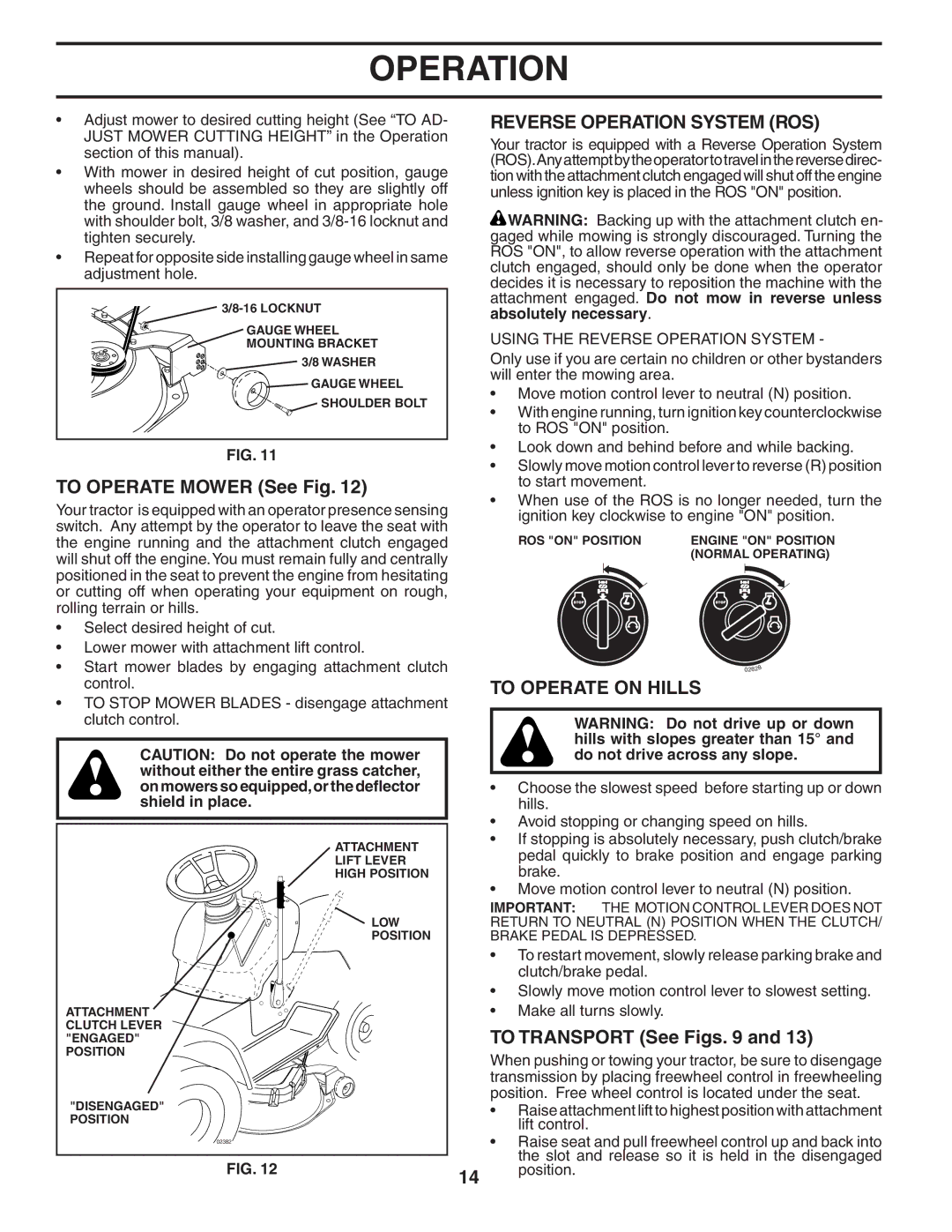 Poulan 407139 Reverse Operation System ROS, To Operate Mower See Fig, To Operate on Hills, To Transport See Figs 