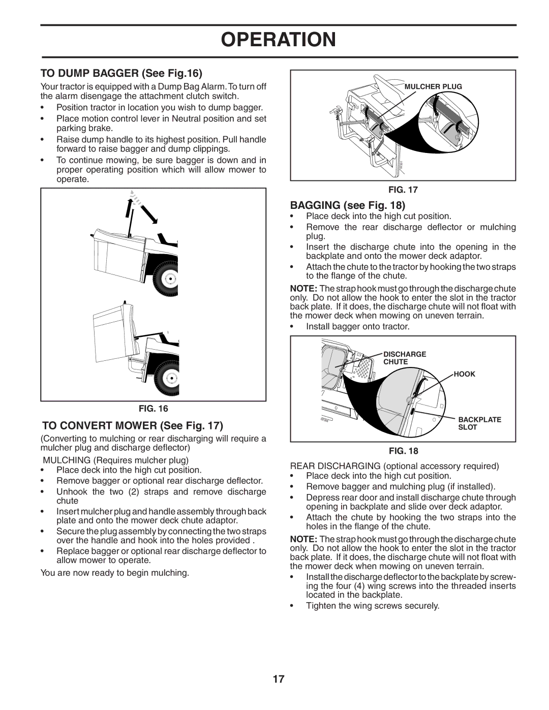 Poulan 407139 owner manual To Dump Bagger See, To Convert Mower See Fig, Bagging see Fig 