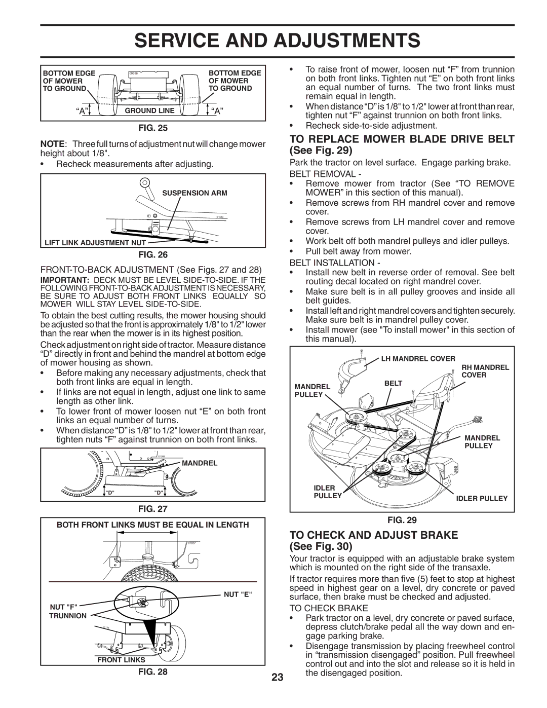 Poulan 407139 To Replace Mower Blade Drive Belt See Fig, To Check and Adjust Brake See Fig, Belt Removal, To Check Brake 