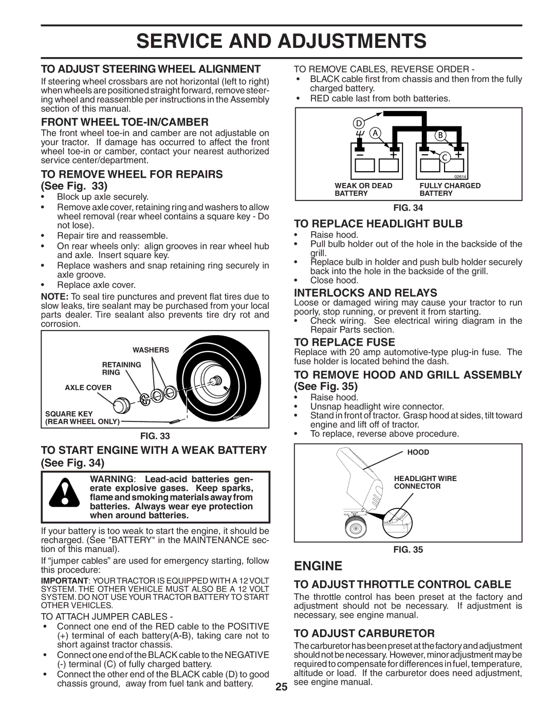 Poulan 407139 To Adjust Steering Wheel Alignment, Front Wheel TOE-IN/CAMBER, To Replace Headlight Bulb, To Replace Fuse 