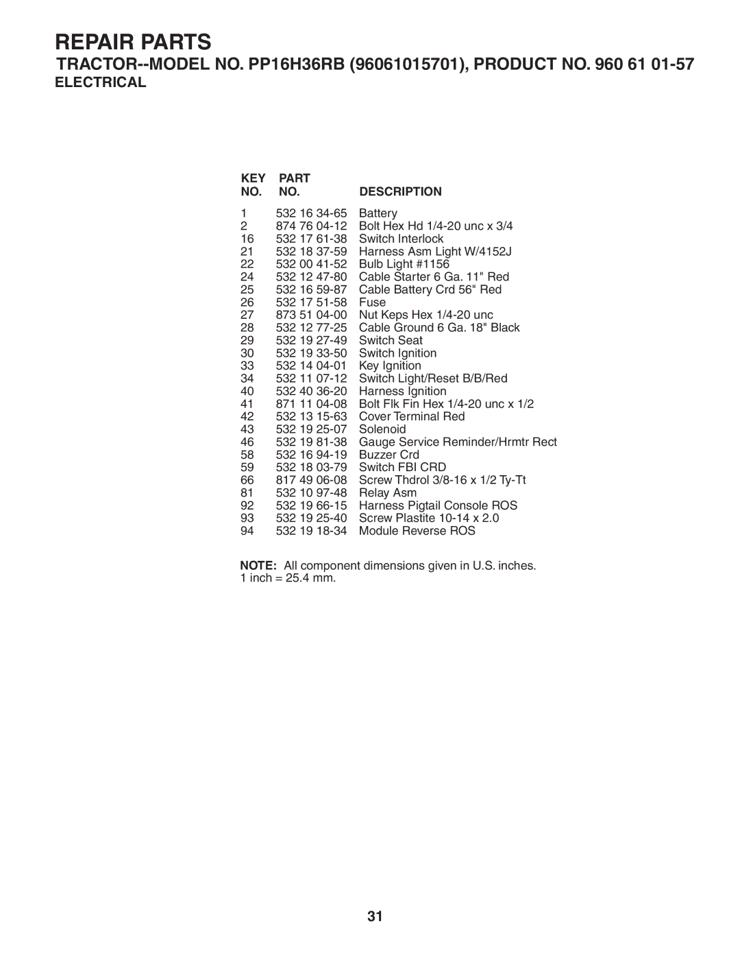 Poulan 407139 owner manual KEY Part Description 