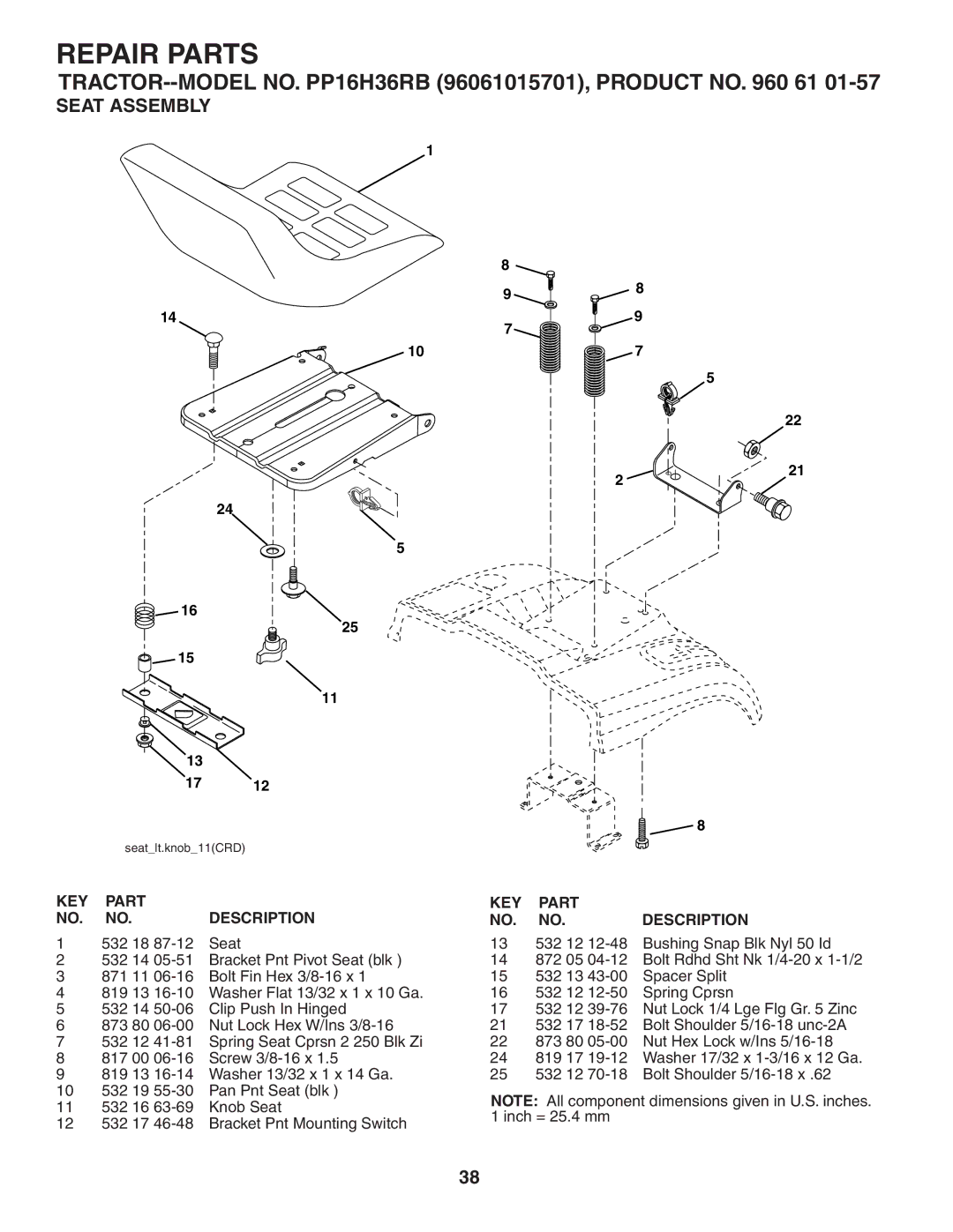 Poulan 407139 owner manual Seat Assembly, 532 18 Seat 