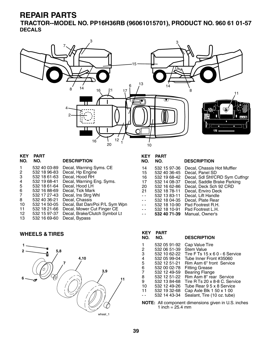 Poulan 407139 owner manual Decals, Wheels & Tires 