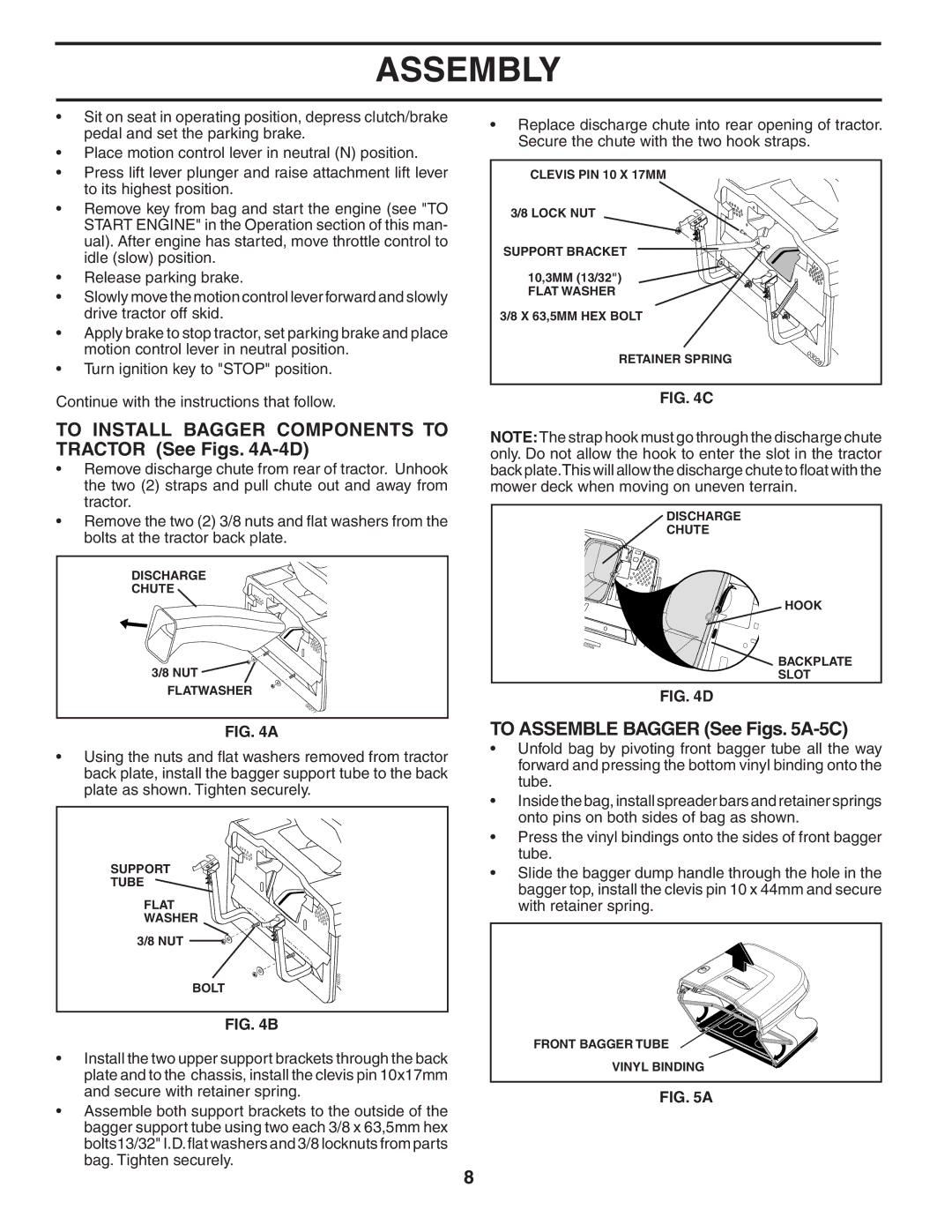 Poulan 407139 owner manual To Install Bagger Components to Tractor See Figs A-4D, To Assemble Bagger See Figs A-5C 