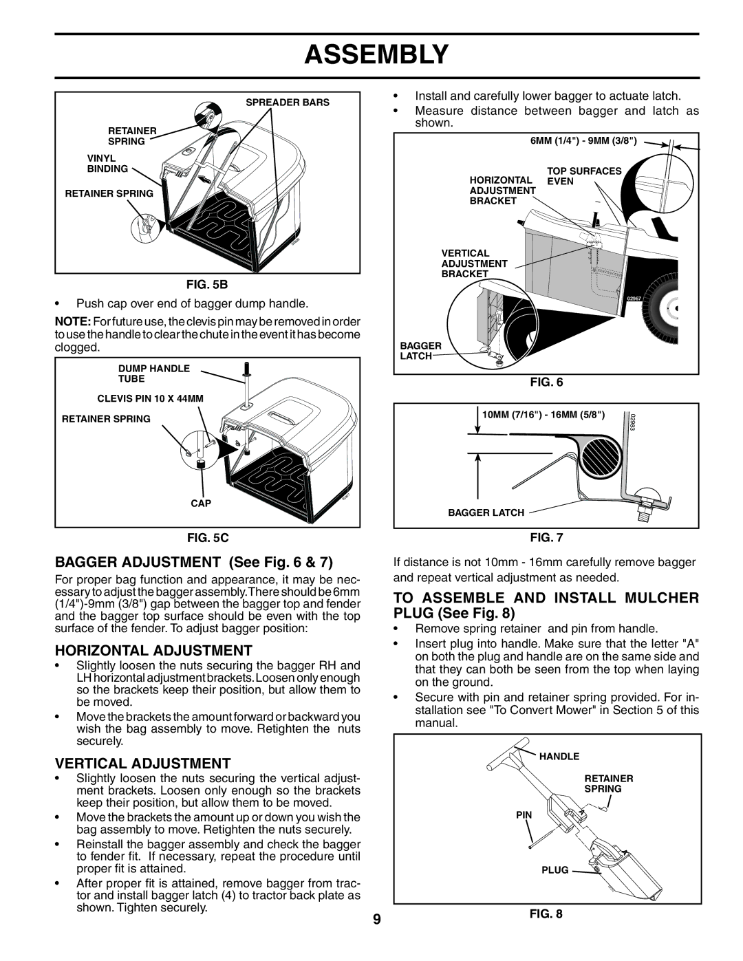 Poulan 407139 owner manual Bagger Adjustment See, Horizontal Adjustment, Vertical Adjustment 