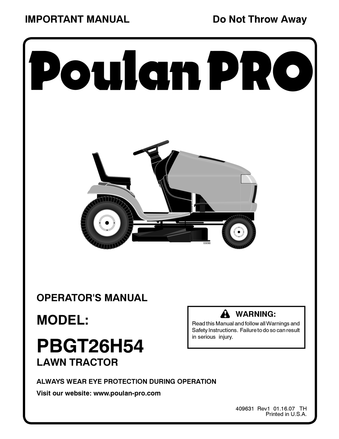 Poulan 409631 manual PBGT26H54, Model 