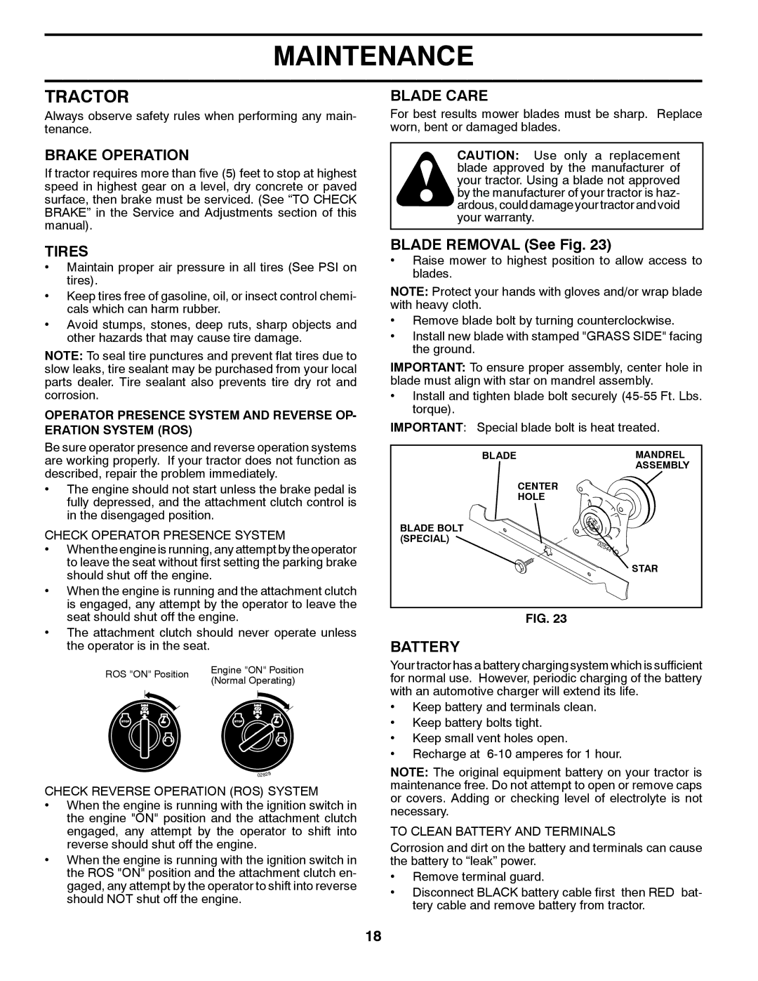 Poulan 409631 manual Tractor, Brake Operation, Tires, Blade Care, Battery 