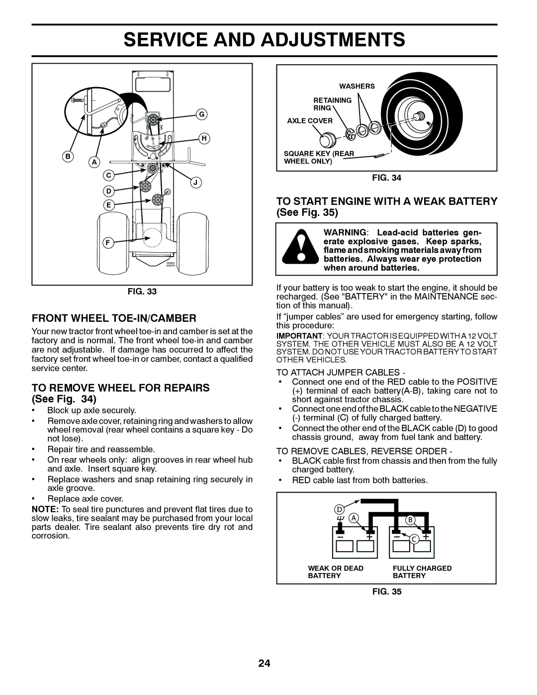 Poulan 409631 Front Wheel TOE-IN/CAMBER, To Remove Wheel for Repairs See Fig, To Start Engine with a Weak Battery See Fig 