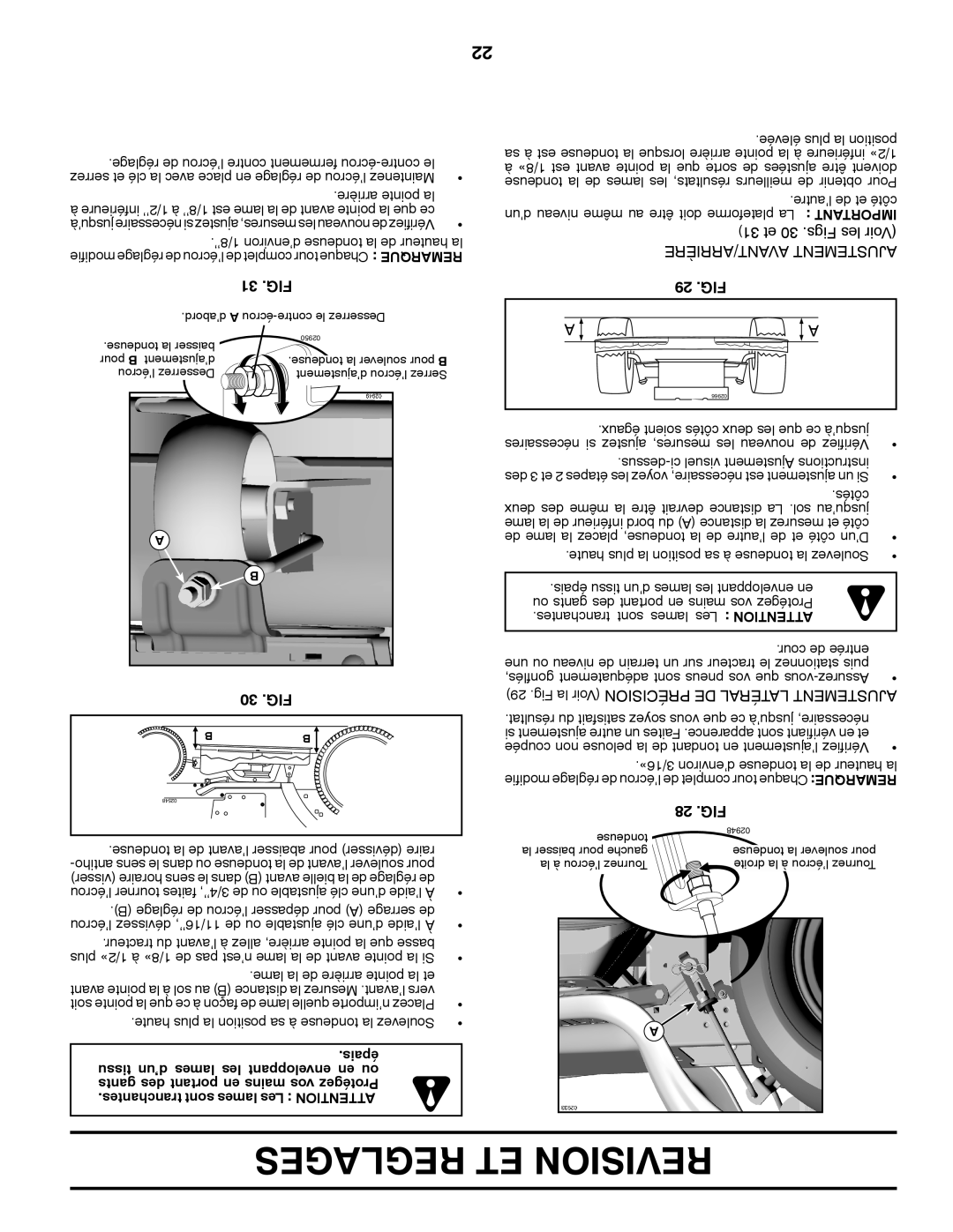 Poulan 409631 manual 31 .FIG, 30 .FIG, AVANT/ARRIÈRE Ajustement, 29 .FIG, 28 .FIG 