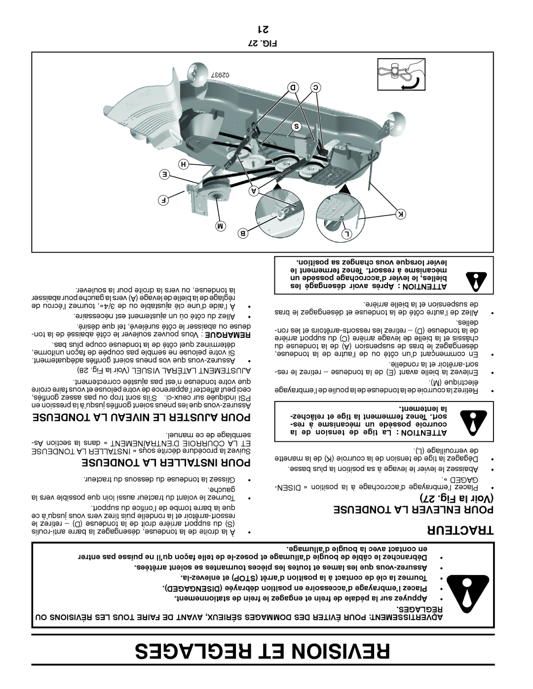 Poulan 409631 manual Fig la Voir, Tondeuse LA Niveau LE Ajuster Pour, Tondeuse LA Installer Pour, Tondeuse LA Enlever Pour 