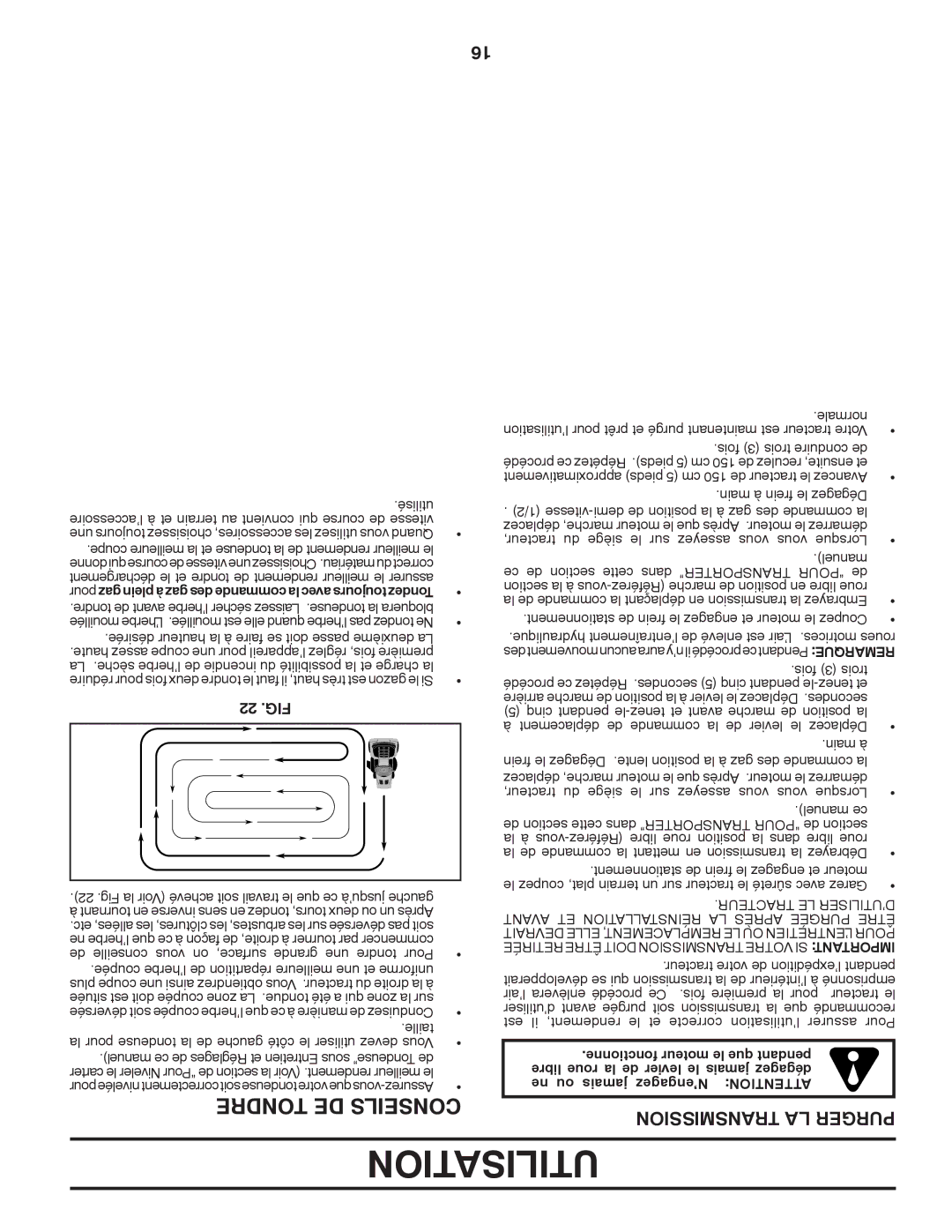 Poulan 409631 manual Utilisation, Transmission LA Purger, 22 .FIG, Tracteur LE D’UTILISER 