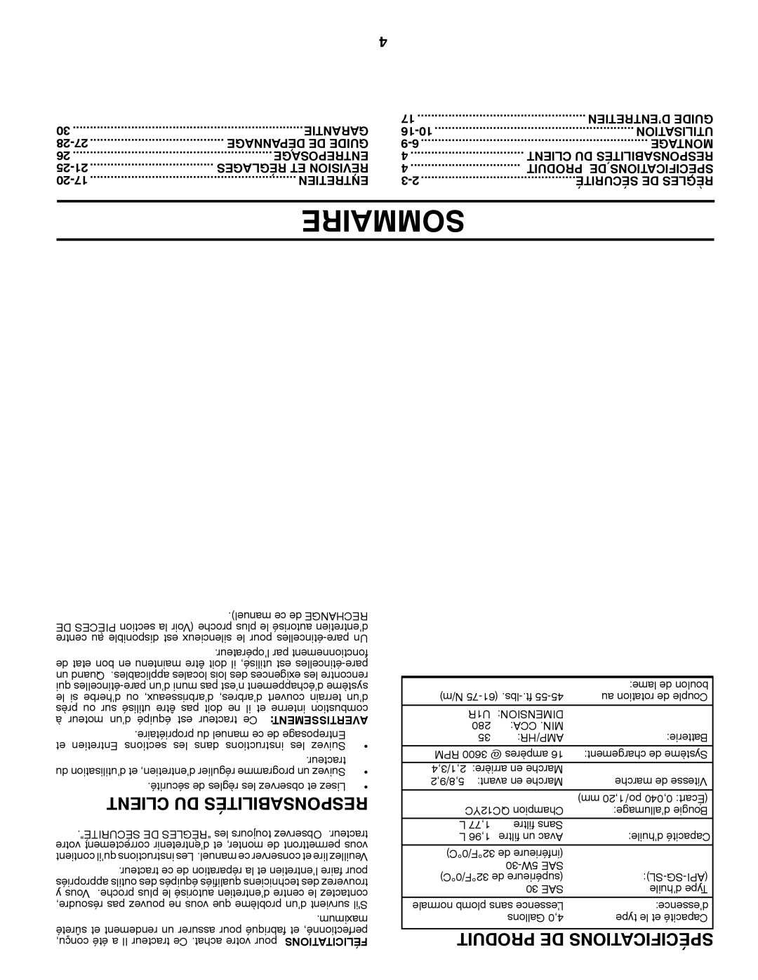 Poulan 409631 manual Sommaire, U1R Dimension, Cca .Min Amp/Hr, Sl-Sg-Api 