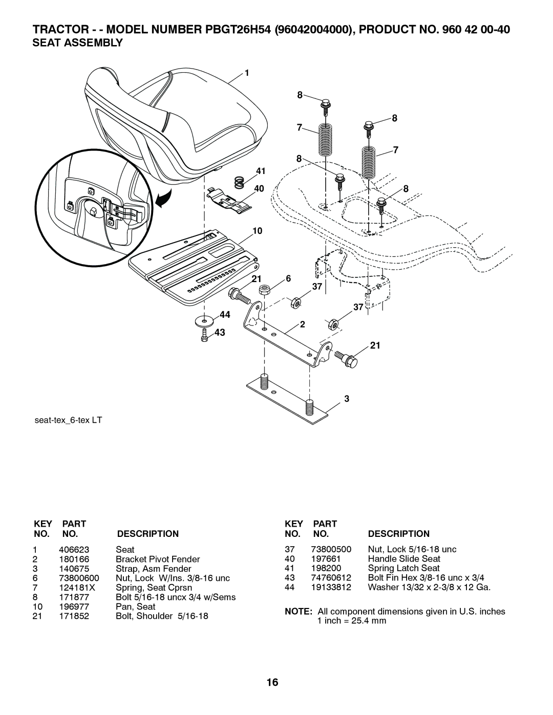 Poulan 409632, 96042004000 manual Seat Assembly, 73800500 Nut, Lock 5/16-18 unc 