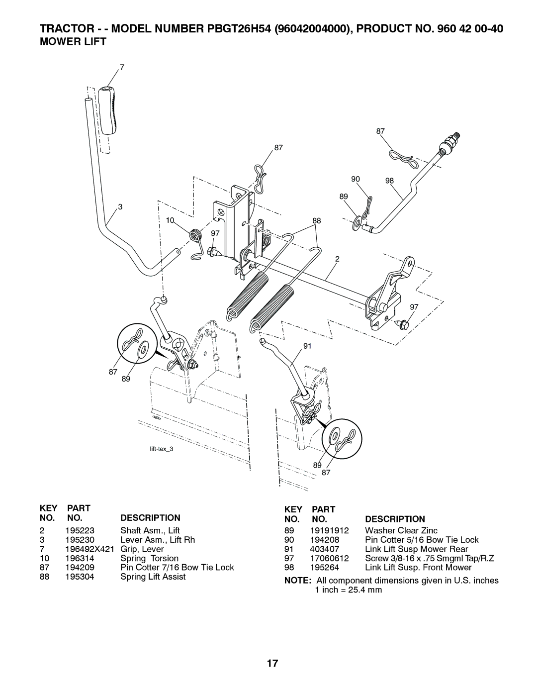 Poulan 96042004000, 409632 manual Mower Lift 