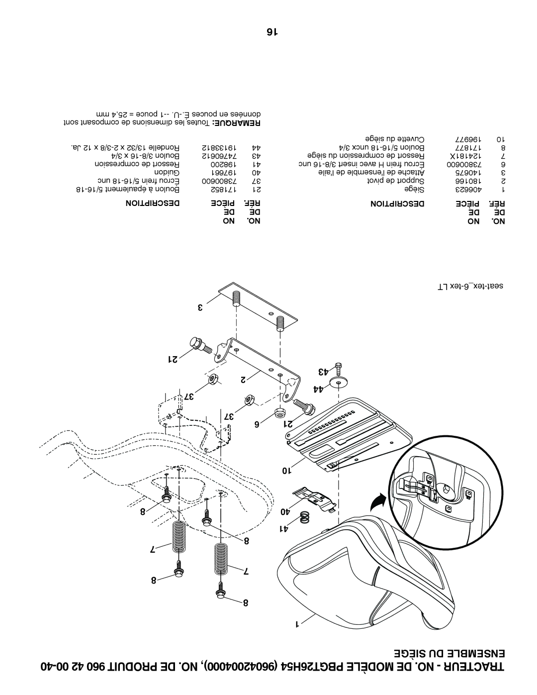 Poulan 96042004000, 409632 manual Siège DU Ensemble 