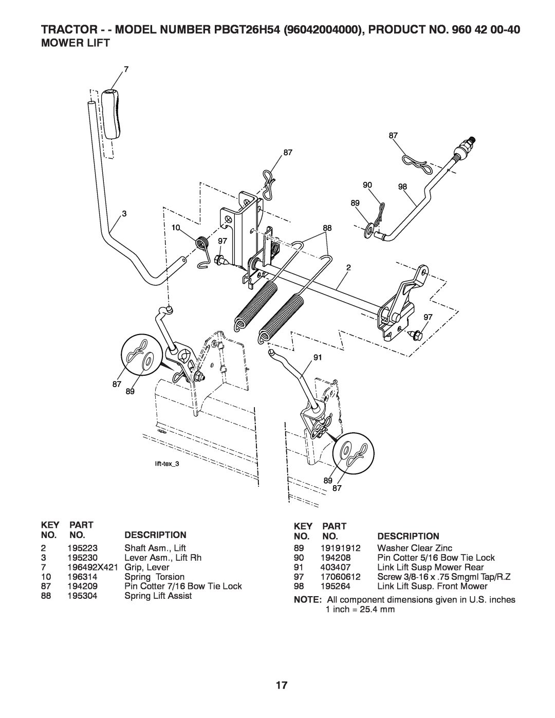 Poulan 409632 manual Mower Lift, TRACTOR - - MODEL NUMBER PBGT26H54 96042004000, PRODUCT NO, lift-tex3 