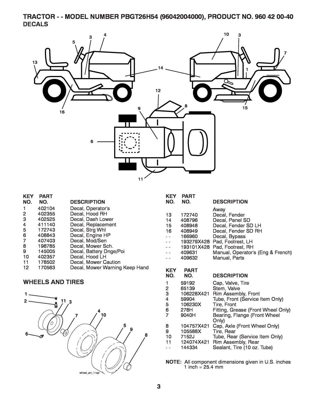 Poulan 409632 manual Decals, Wheels And Tires, TRACTOR - - MODEL NUMBER PBGT26H54 96042004000, PRODUCT NO. 960 