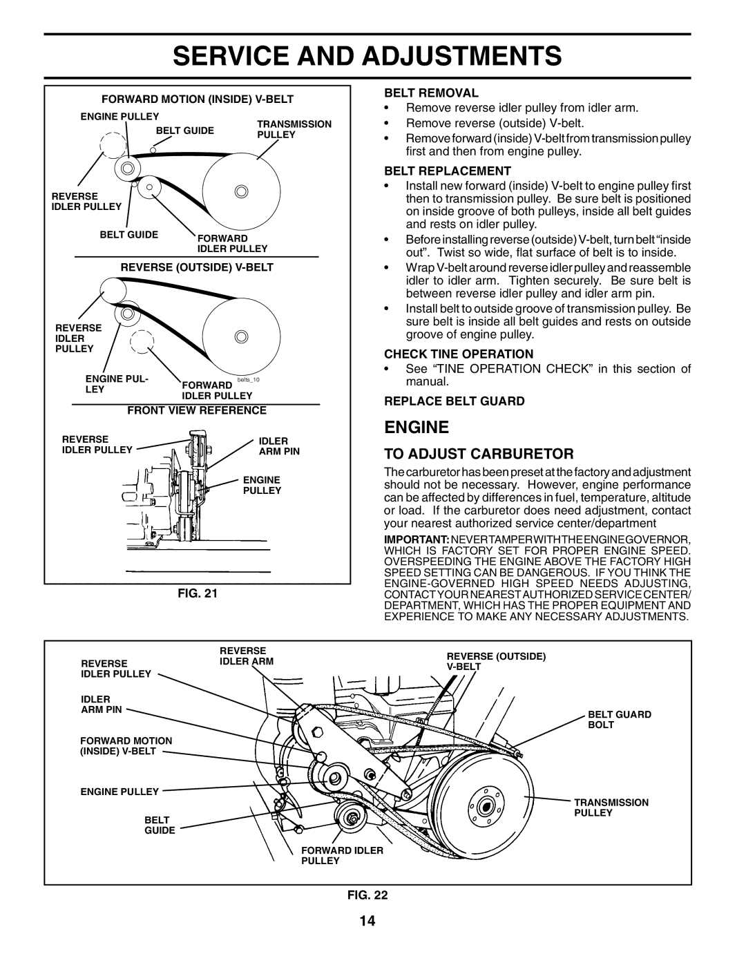 Poulan 410235 manual To Adjust Carburetor, Belt Removal, Belt Replacement, Check Tine Operation, Replace Belt Guard 