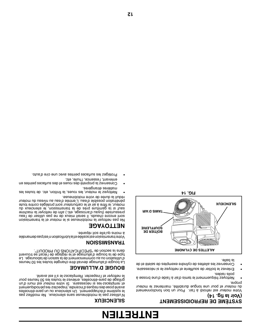 Poulan 410235 manual Entretien, Nettoyage, ’ALLUMAGE Bougie, Silencieux, Refroidissement DE Système 