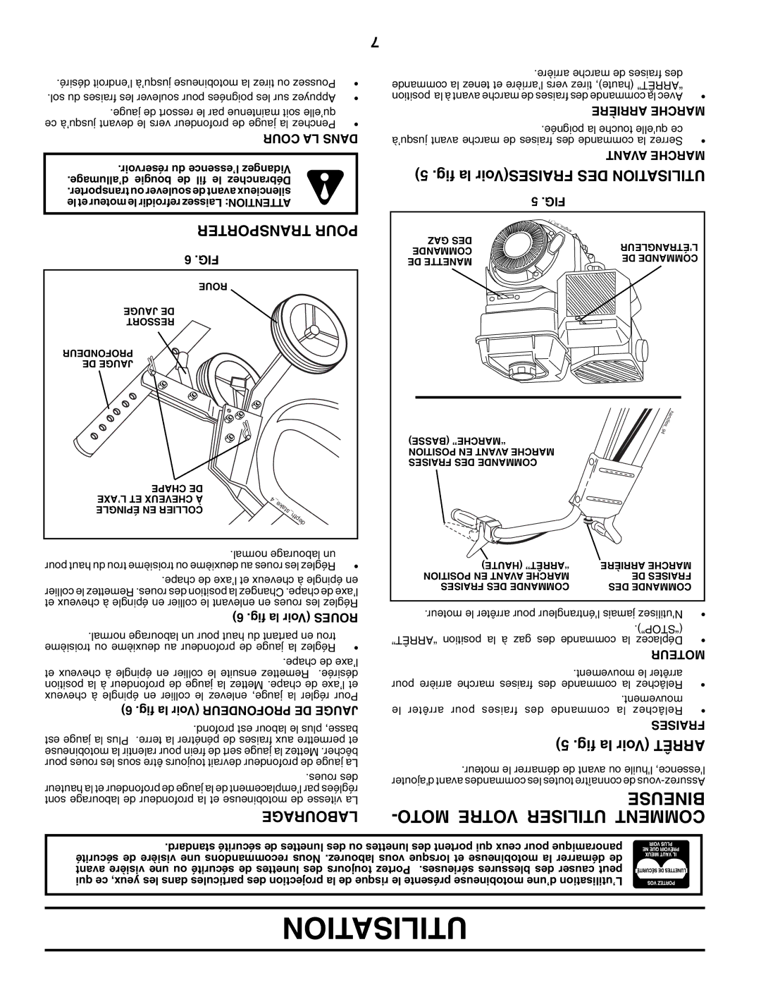 Poulan 410235 manual Bineuse, Moto Votre Utiliser Comment, Labourage, Fig la FRAISESVoir DES Utilisation, Fig la Voir Arrêt 