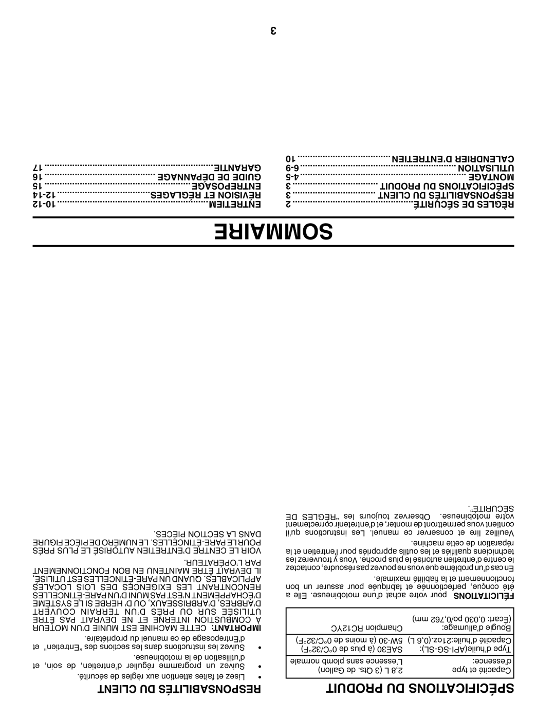 Poulan 410235 manual Sommaire, Produit DU Spécifications, Client DU Responsabilités, Entretiem Sécurité DE Règles 