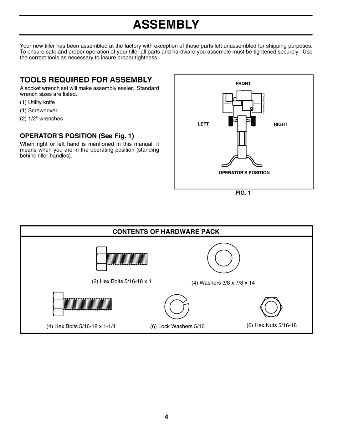 Poulan 410235 manual Tools Required for Assembly, Contents of Hardware Pack 