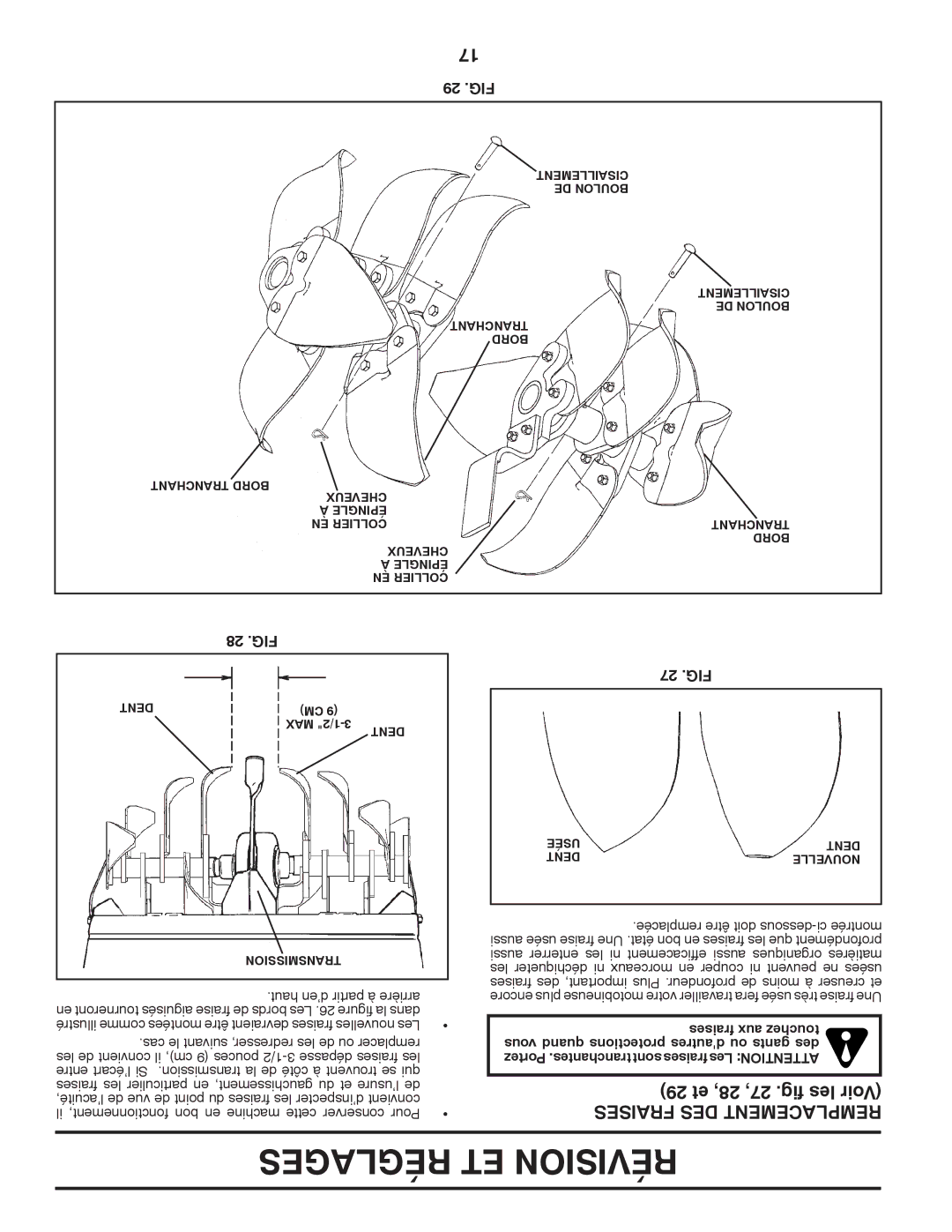 Poulan 410237, 96092001000 manual 29 et 28, 27, .fig les Voir, Fraises DES Remplacement, 17 29 .FIG, 28 .FIG, 27 .FIG 