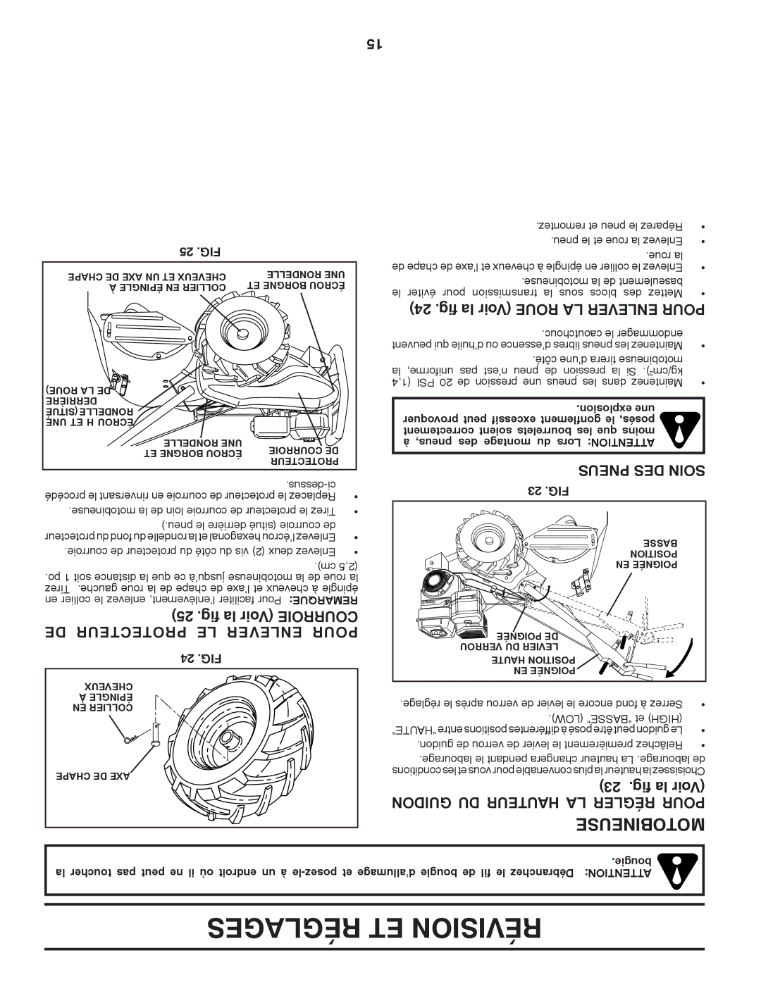 Poulan 410237 manual Fig la Voir Roiecour DE Protecteur LE Enlever Pour, Fig la Voir Roue LA Enlever Pour, Pneus DES Soin 