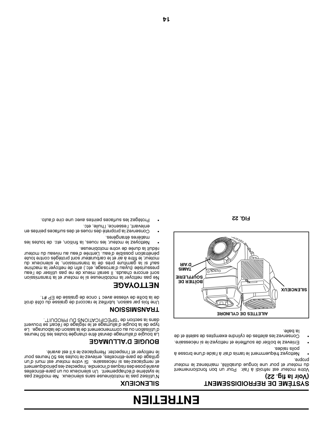 Poulan 96092001000, 410237 manual Entretien, ’ALLUMAGE Bougie, Silencieux, Refroidissement DE Système, 22 .FIG 