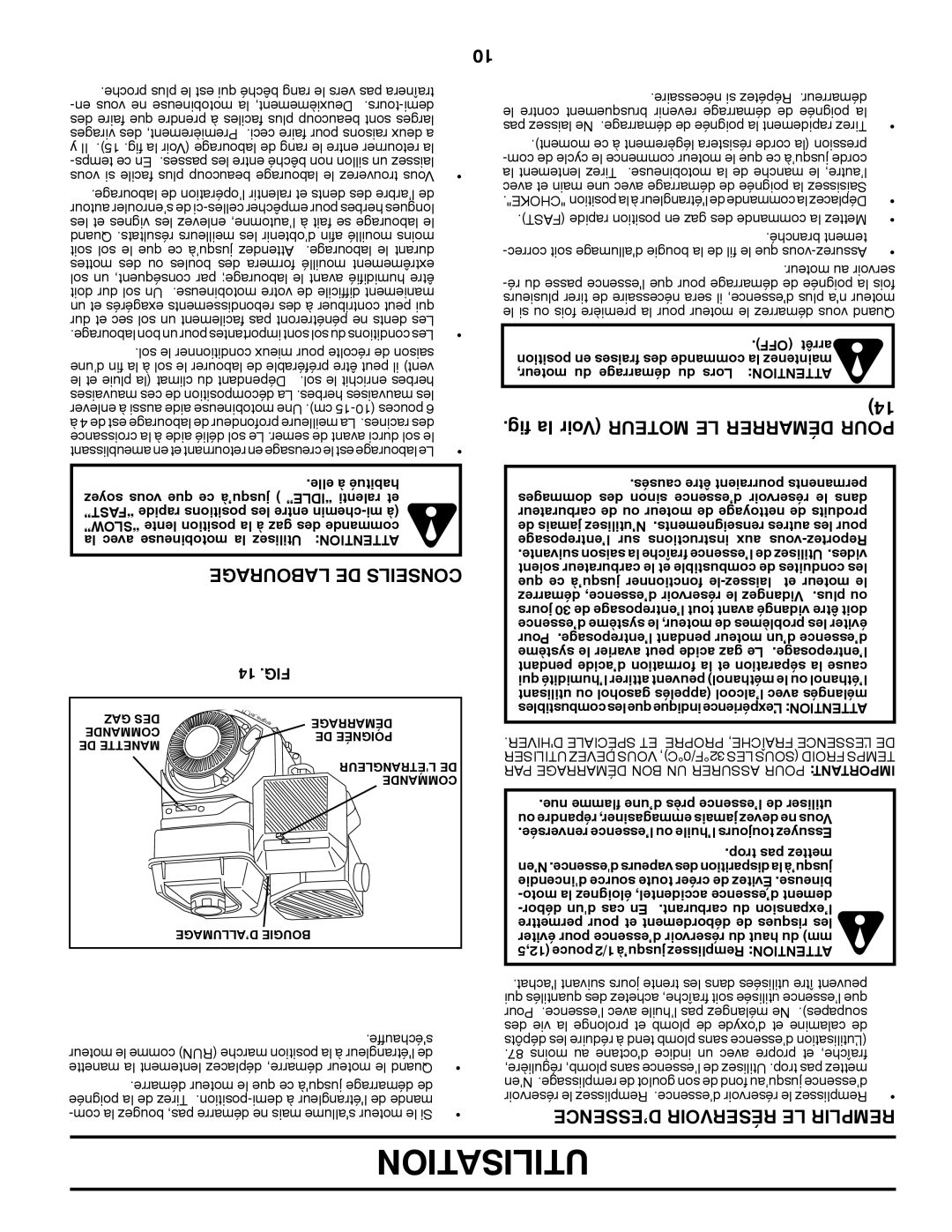 Poulan 96092001000 Fig la Voir Moteur LE Démarrer Pour, Labourage DE Conseils, ’ESSENCE Réservoir LE Remplir, 14 .FIG 