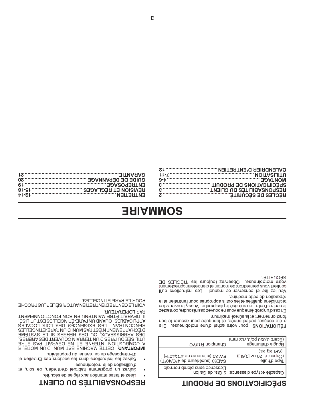 Poulan 410237, 96092001000 manual Sommaire, Client DU Responsabilités, Règles les toujours Observez .motobineuse votre 