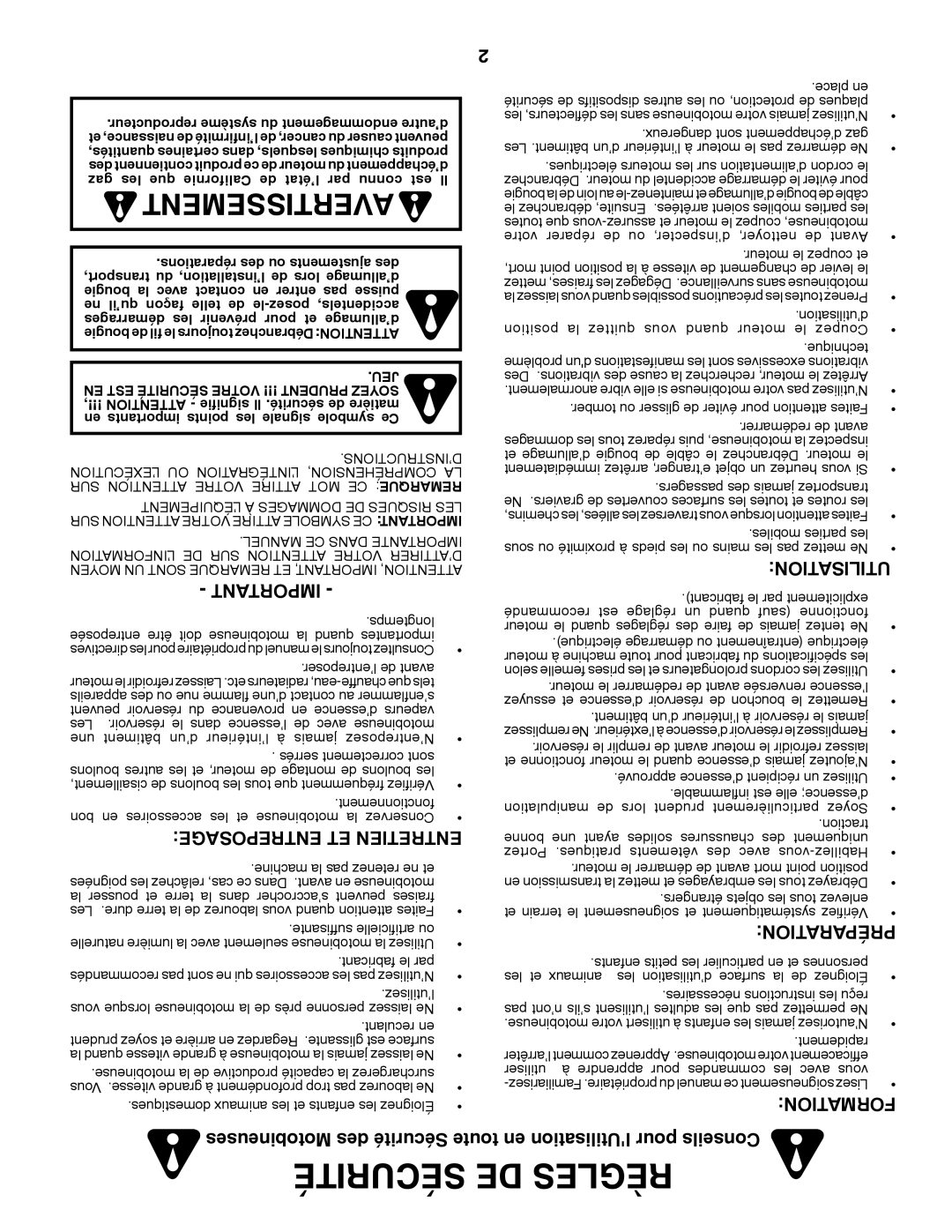 Poulan 96092001000, 410237 manual Sécurité DE Règles, Entreposage ET Entretien, Motobineuses des Sécurité toute 