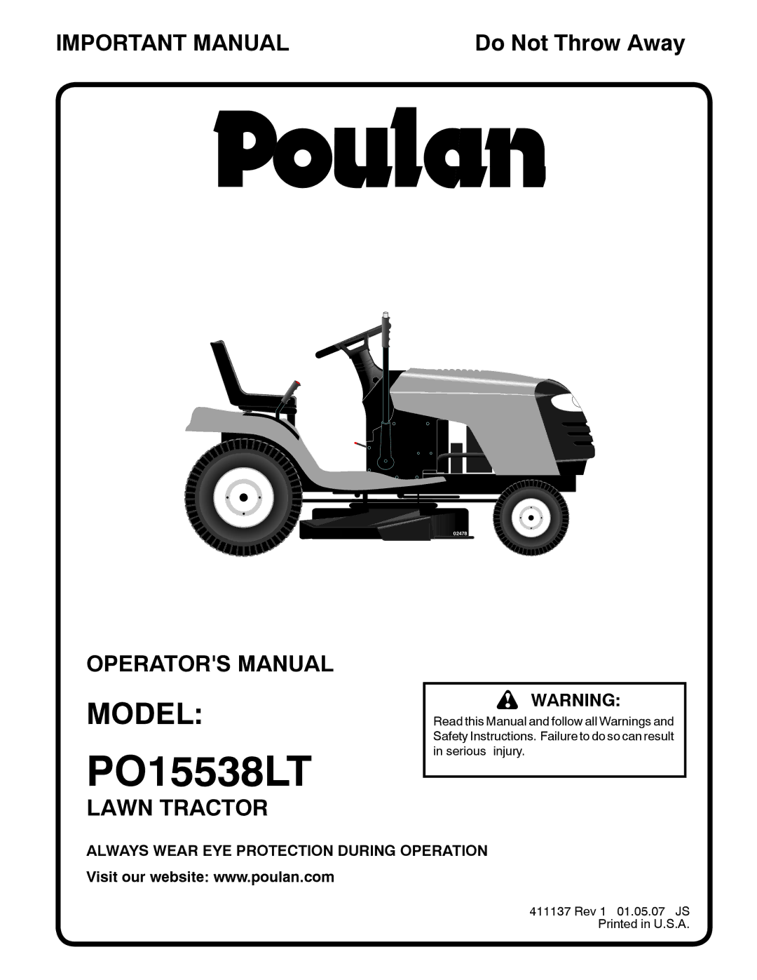 Poulan 411137 manual PO15538LT, Model 