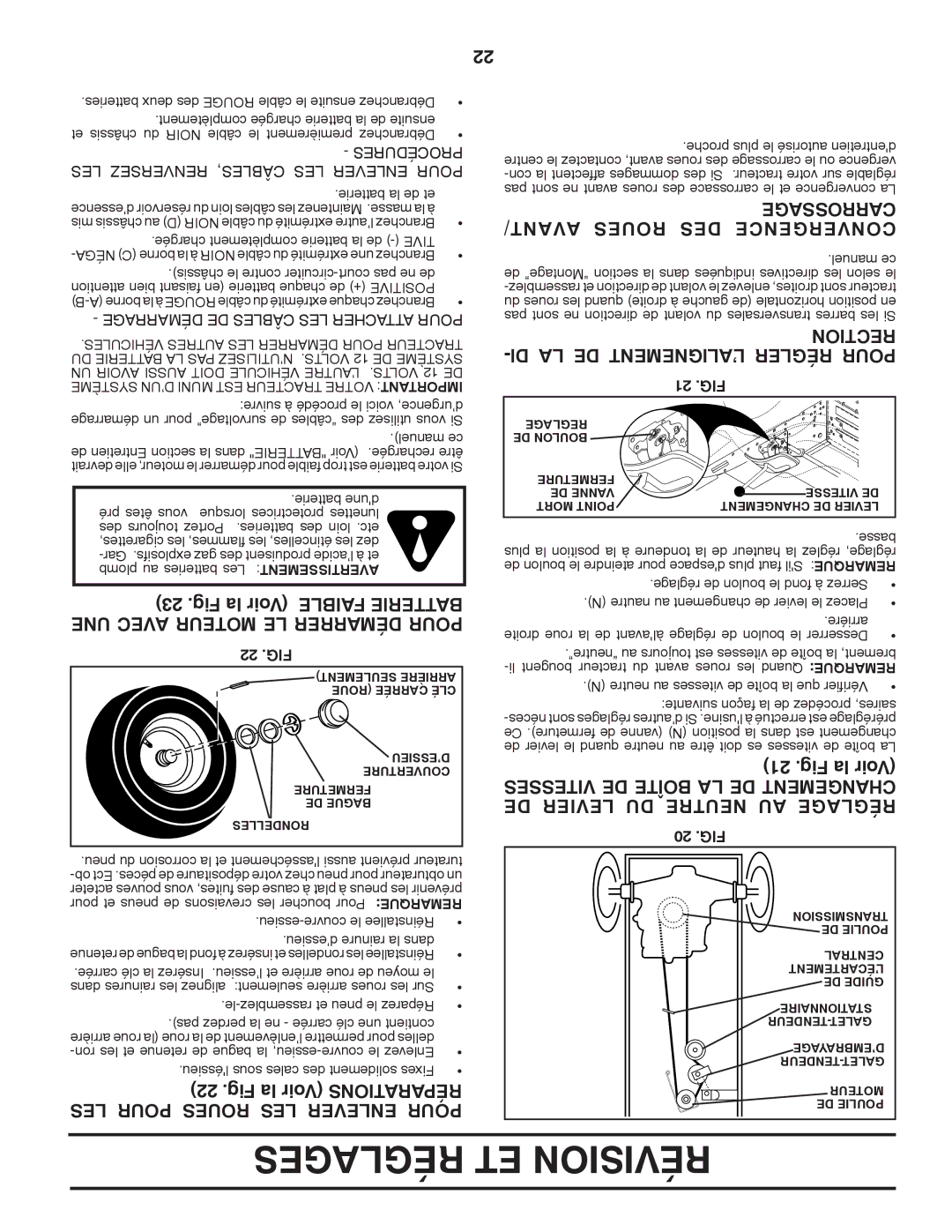 Poulan 411137 Carrossage, AVANT/ Roues DES Convergence, DI LA DE L’ALIGNEMENT Régler Pour, DE Levier DU Neutre AU Réglage 