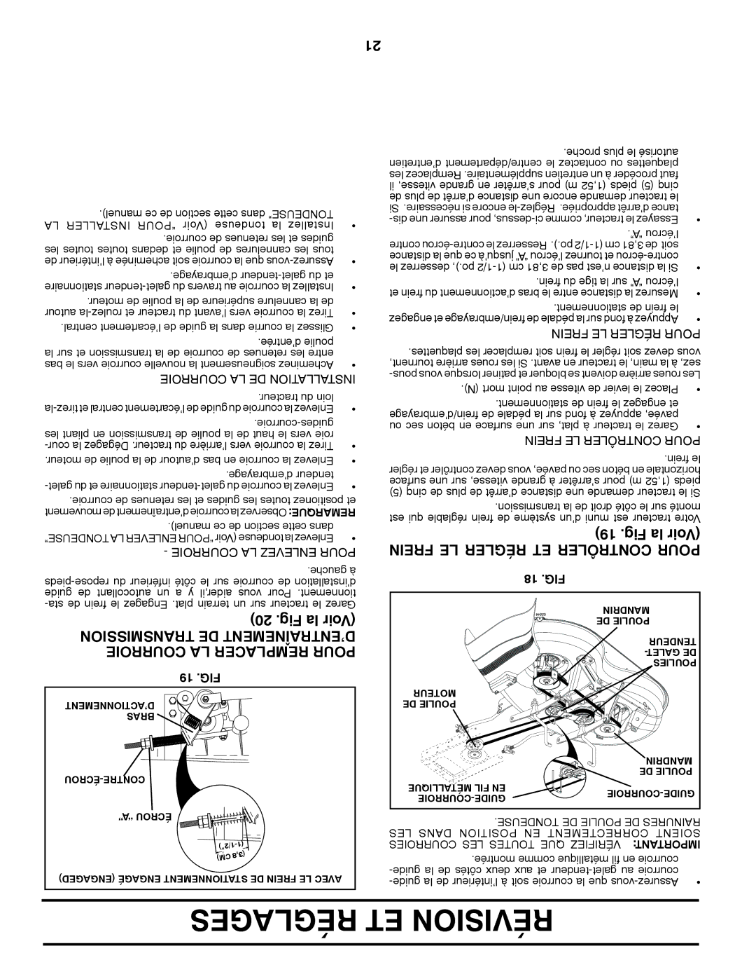 Poulan 411137 manual Courroie LA Remplacer Pour, Frein LE Régler ET Contrôler Pour, Transmission DE MENTNETRAÎD’EN, 19 .FIG 