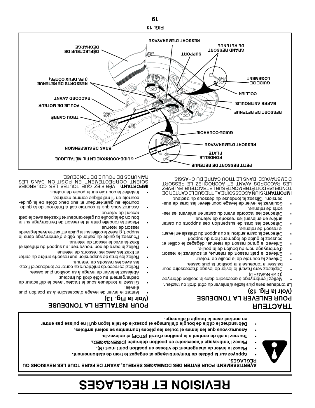 Poulan 411137 manual Reglages ET Revision, Tracteur, Tondeuse LA Installer Pour, Tondeuse LA Enlever Pour, 13 .FIG 