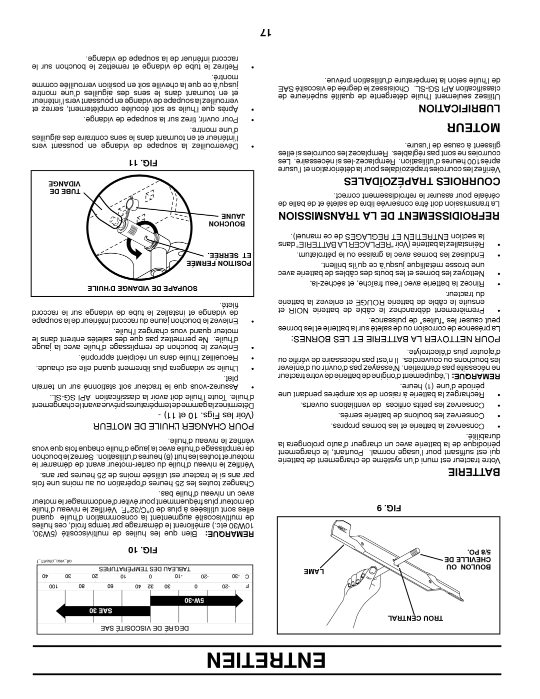 Poulan 411137 manual Lubrification, Transmission LA DE Refroidissement, Trapézoïdales Courroies, 11 .FIG, 10 .FIG 