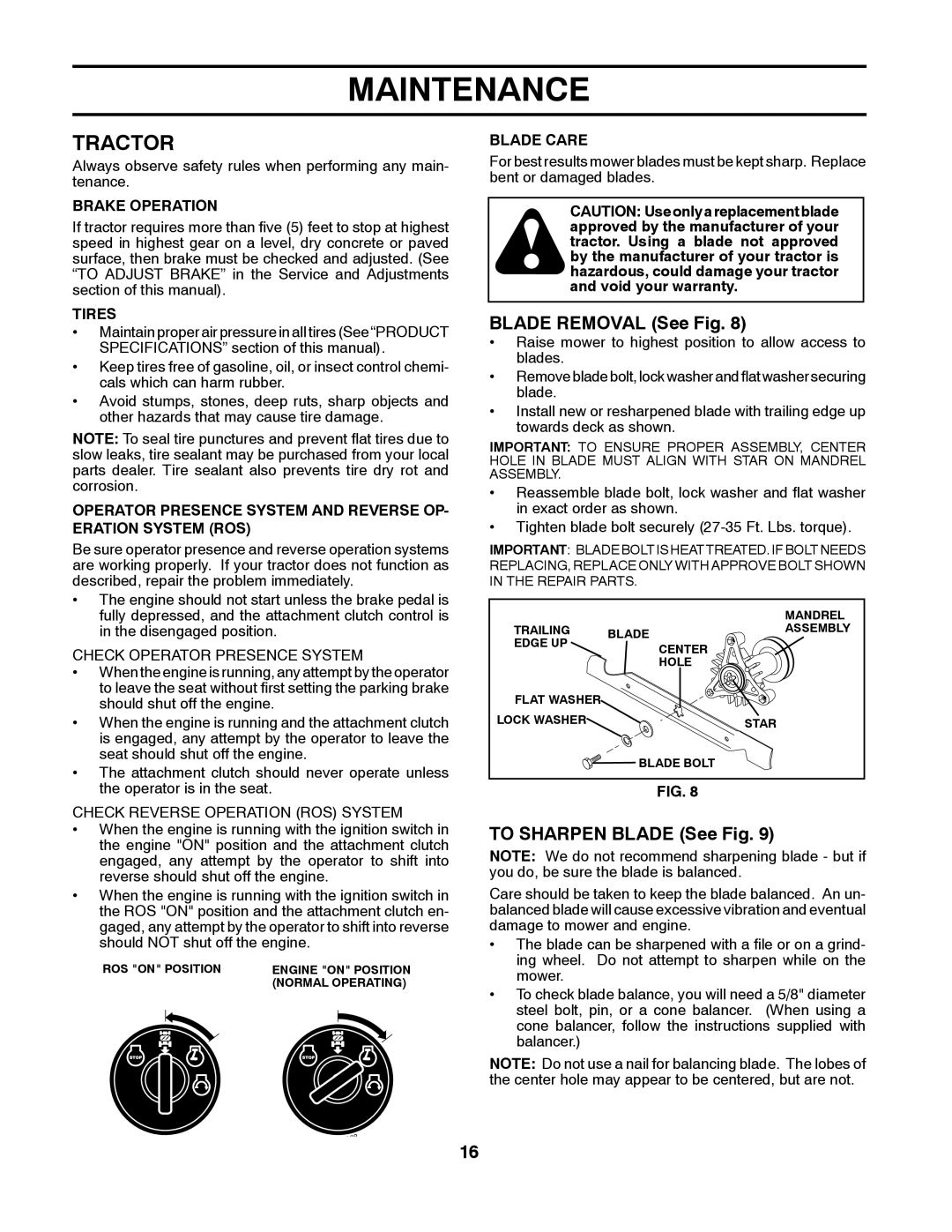 Poulan 411150 manual Tractor, Blade Removal See Fig, To Sharpen Blade See Fig, Check Operator Presence System 