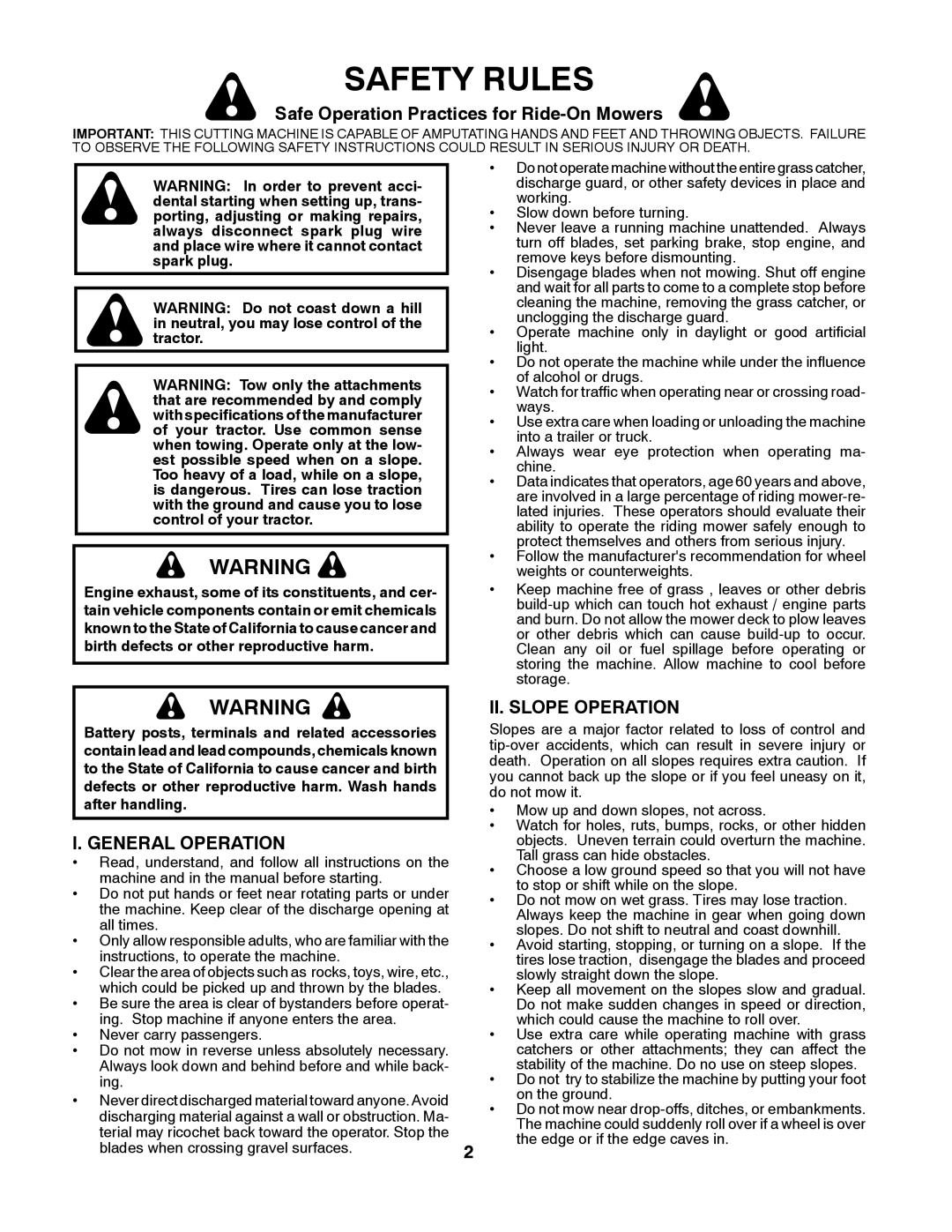 Poulan 411150 manual Safe Operation Practices for Ride-On Mowers, General Operation, II. Slope Operation 