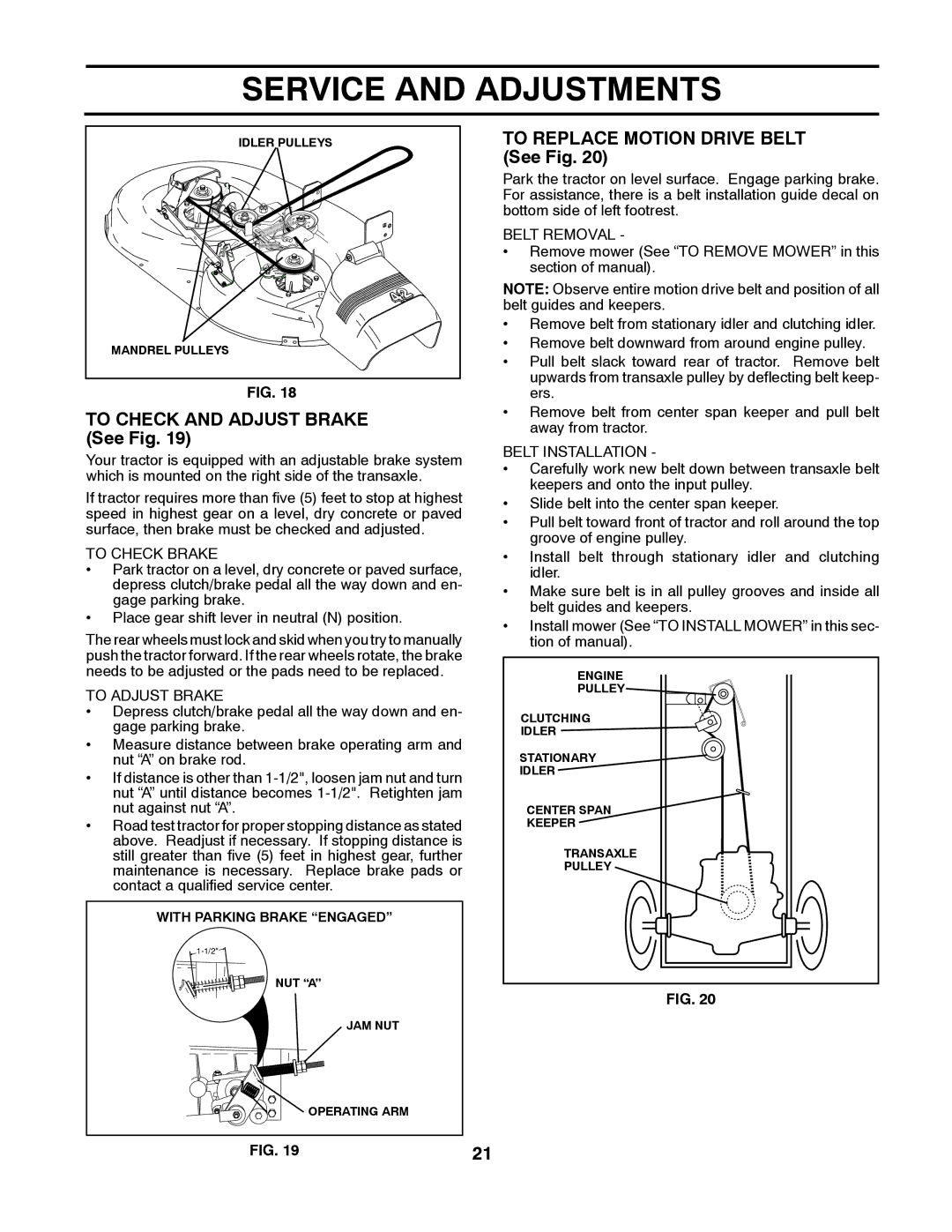 Poulan 411150 To Check and Adjust Brake See Fig, To Replace Motion Drive Belt See Fig, To Check Brake, To Adjust Brake 