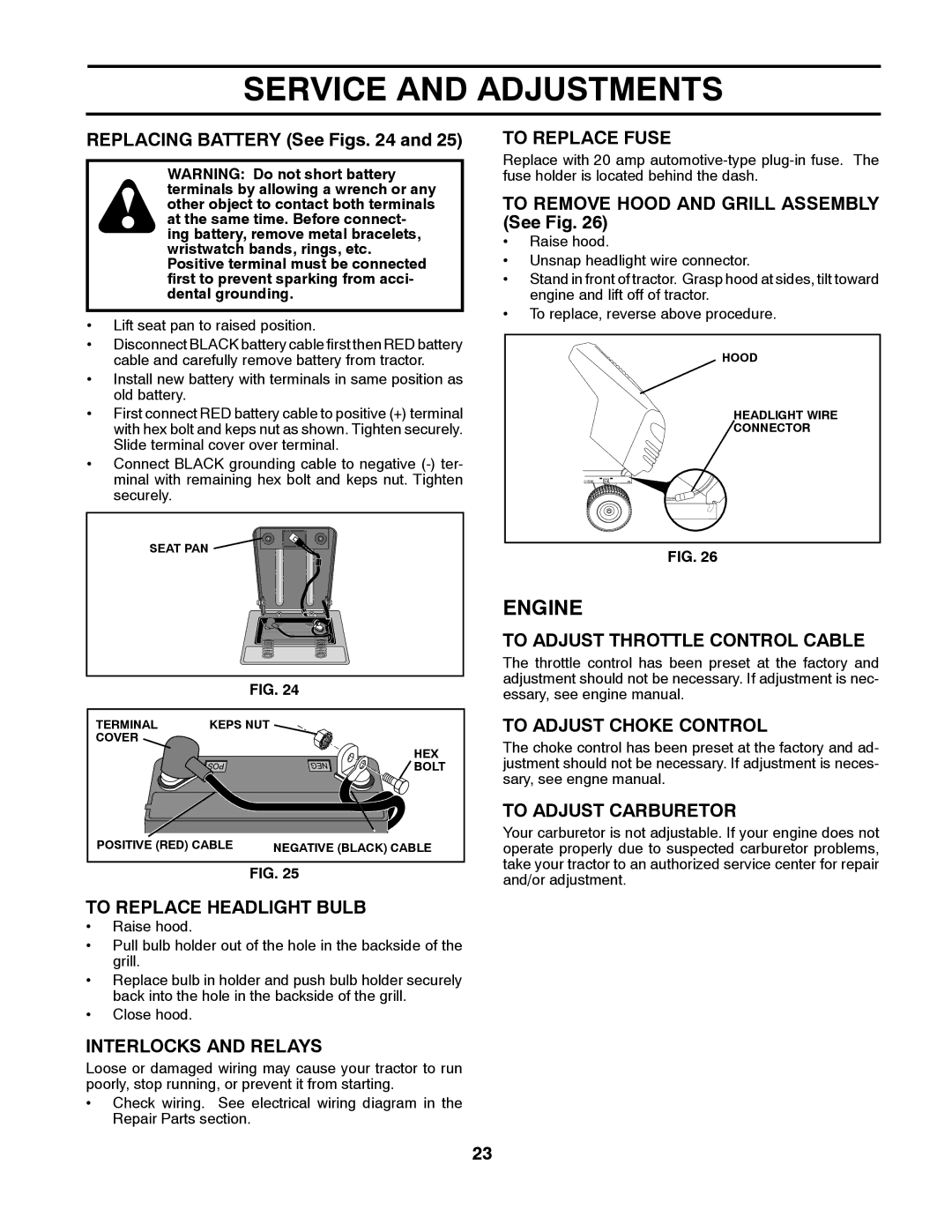 Poulan 411150 manual To Replace Headlight Bulb, Interlocks and Relays, To Replace Fuse, To Adjust Throttle Control Cable 