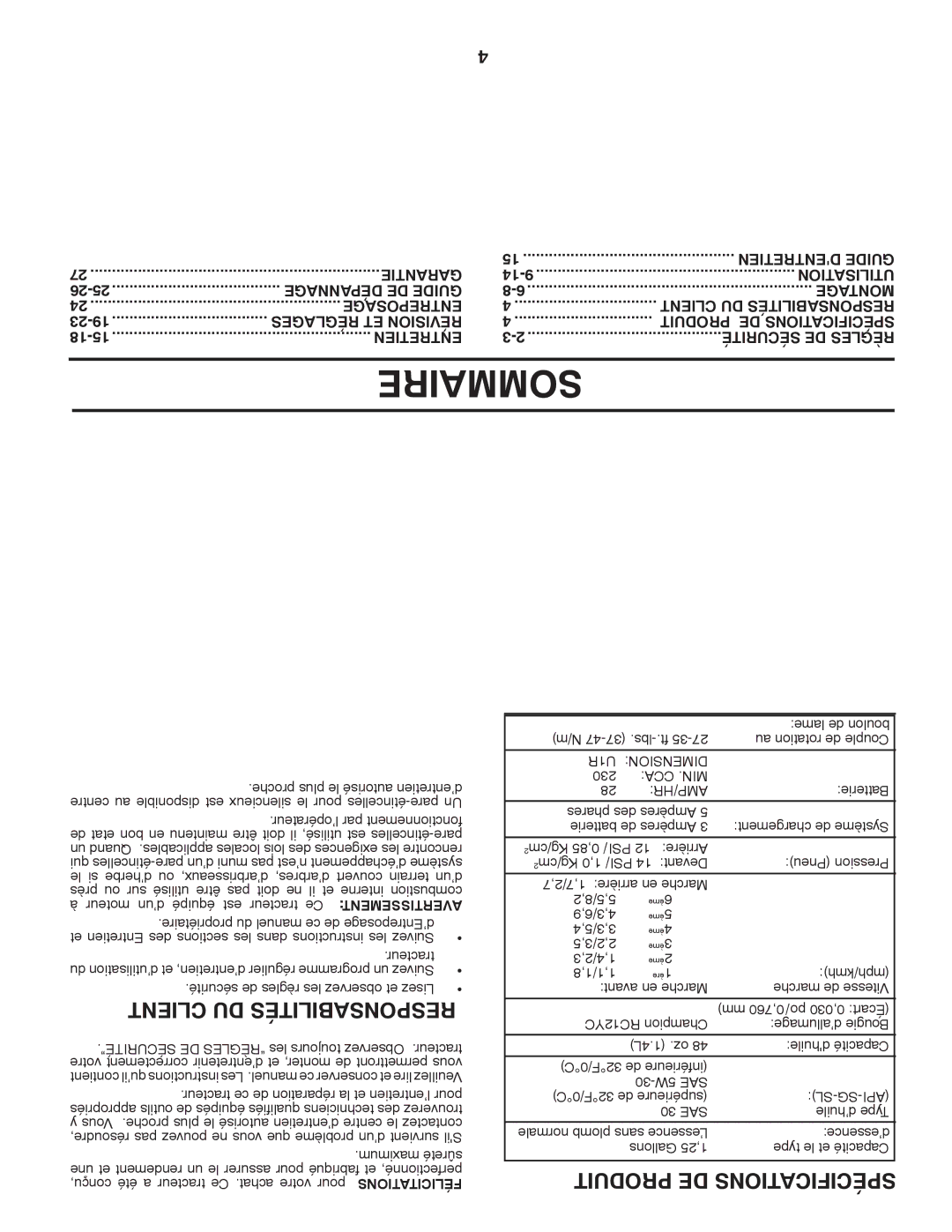 Poulan 411150 manual Sommaire, Client DU Responsabilités, Produit DE Spécifications 