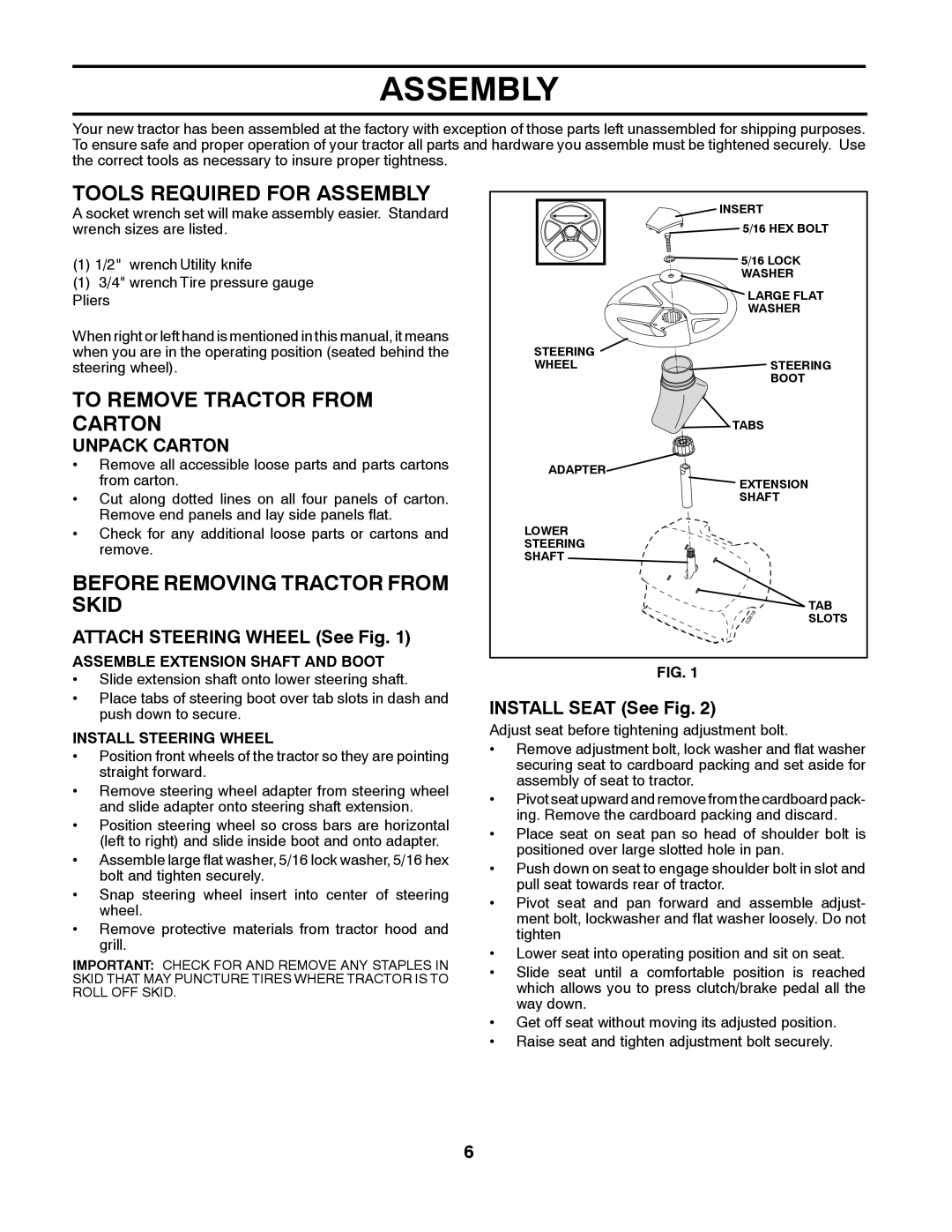 Poulan 411150 Tools Required for Assembly, To Remove Tractor from Carton, Before Removing Tractor from Skid, Unpack Carton 