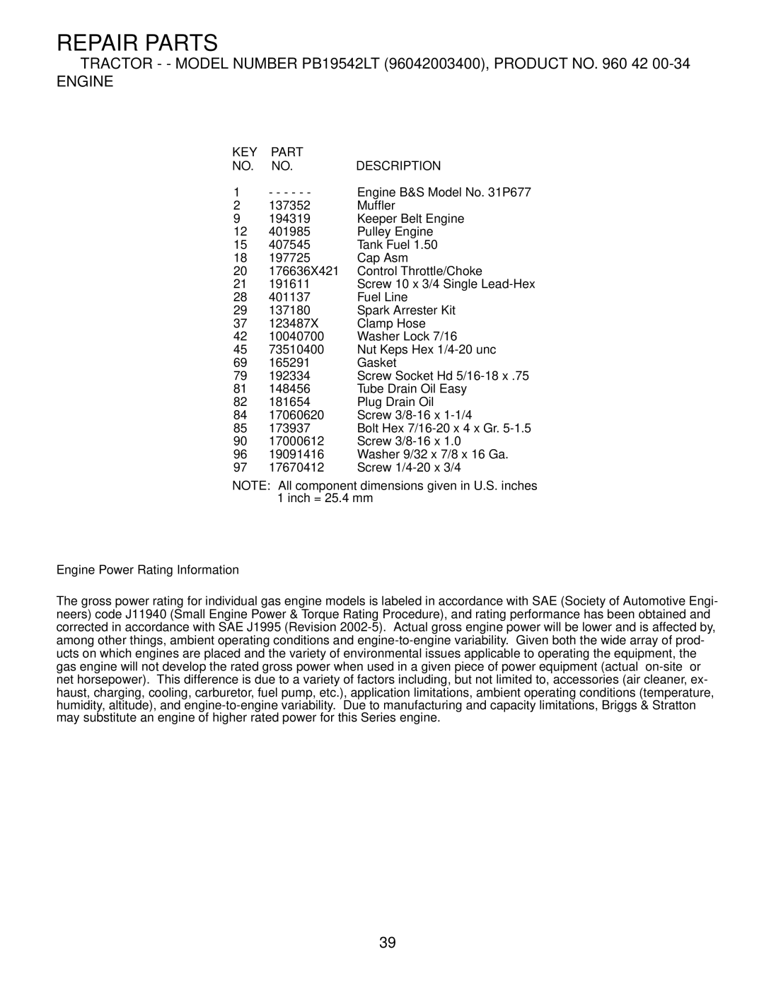 Poulan 96042003400, 411188 manual Engine Power Rating Information 